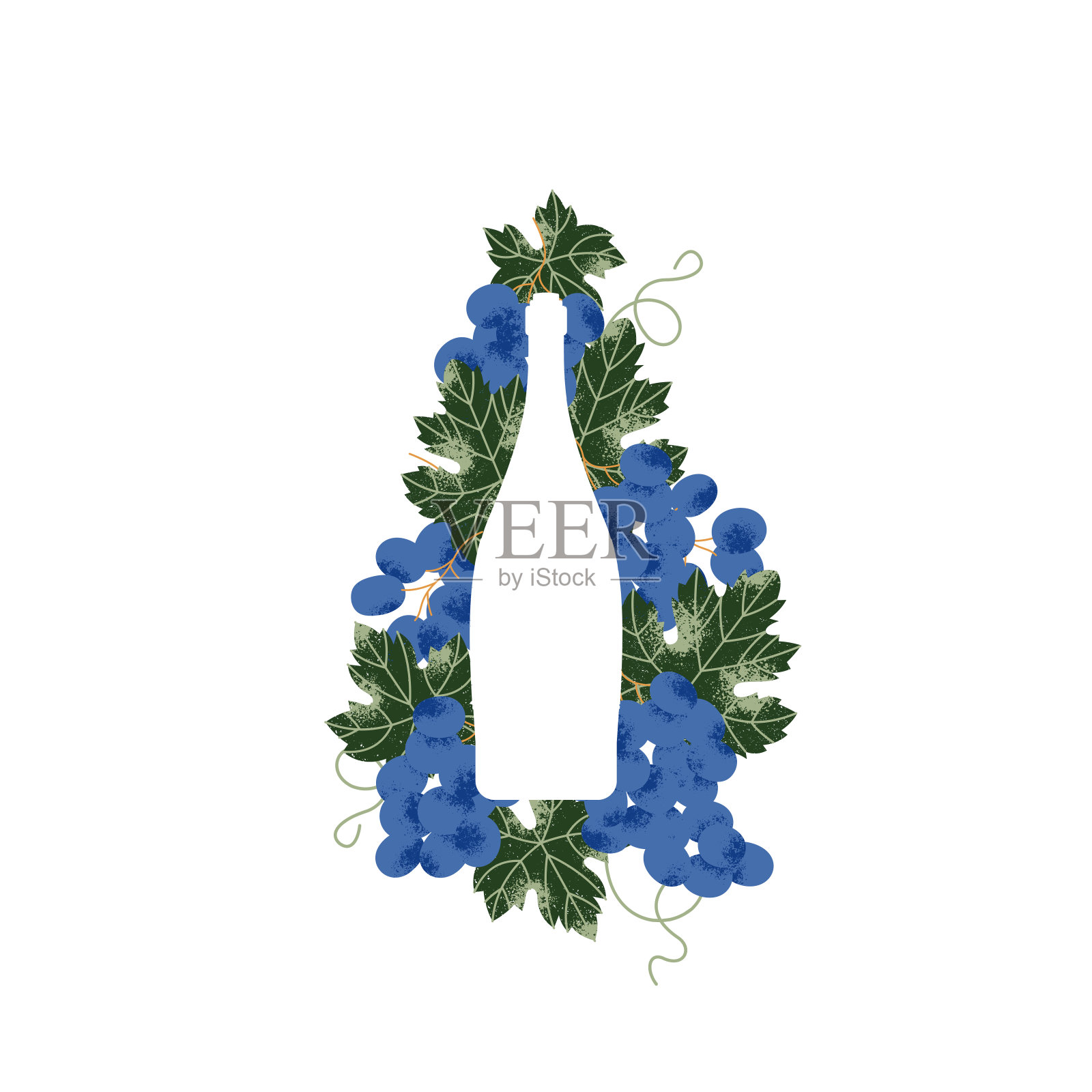 葡萄和树叶的酒瓶轮廓。的变形图插画图片素材