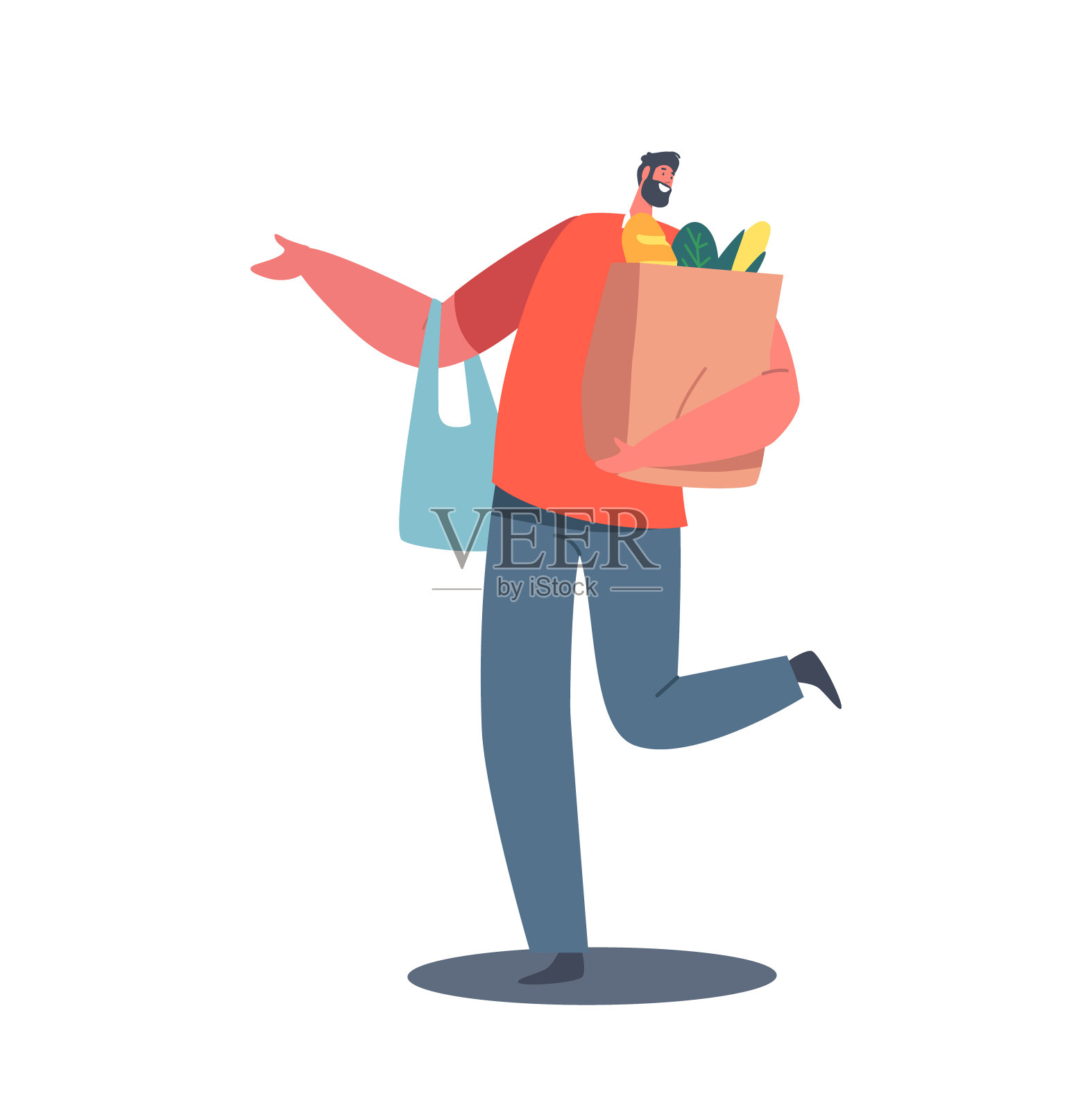 拿着包装有食物的纸,在商场购买产品。顾客男性角色与环保袋在手中设计元素图片