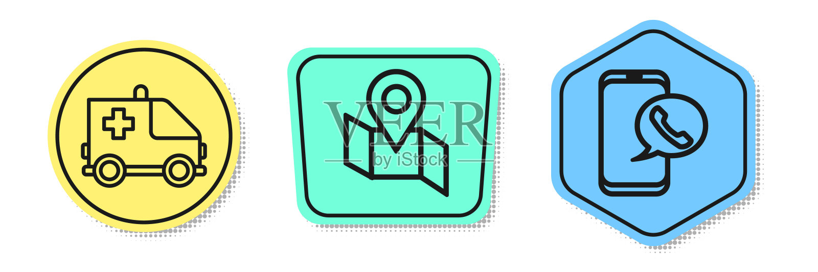 设有救护车和急救车线路,折叠地图和定位标志,出租车呼叫电话服务。颜色的形状。向量插画图片素材