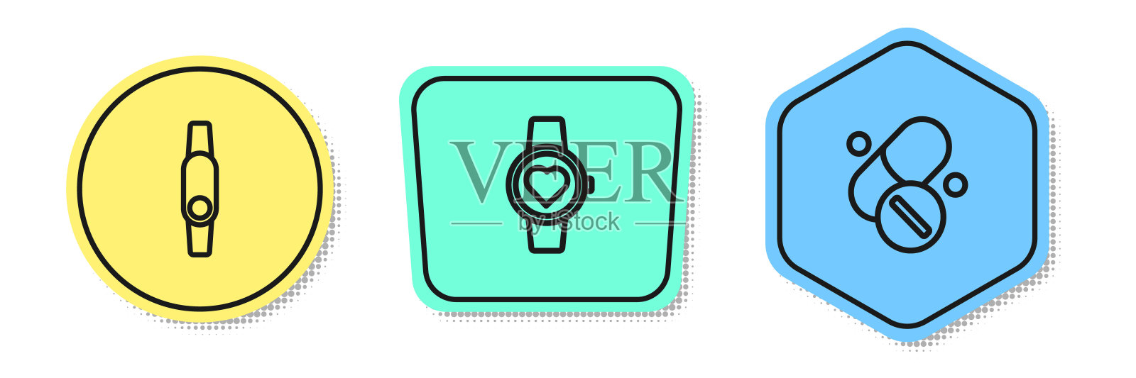 设置线智能手表,维生素药丸。颜色的形状。向量插画图片素材