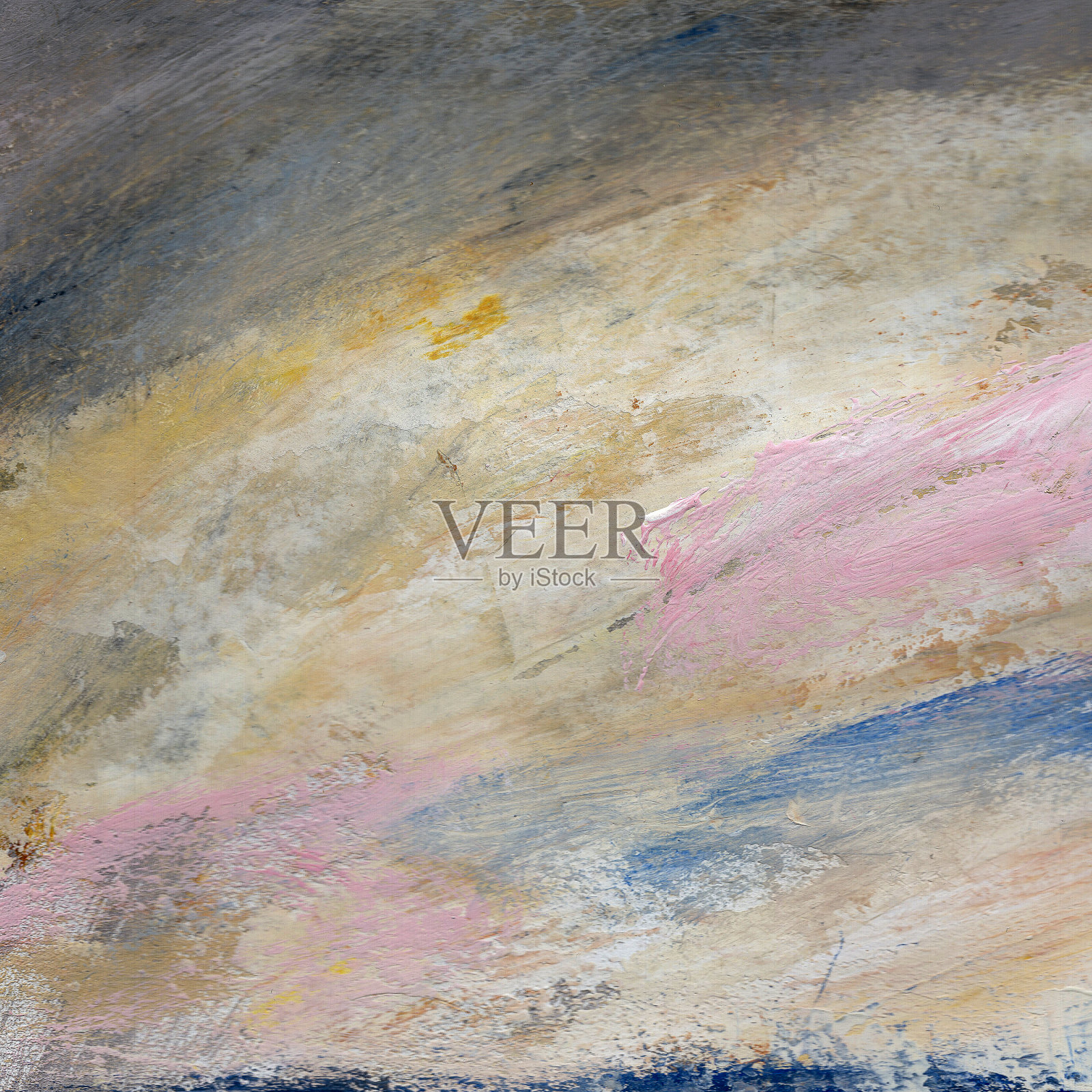 抽象绘画。彩色的艺术品与生动的笔触在红色,蓝色,黄色,粉色和白色。现代艺术纹理。丙烯画背景插画图片素材