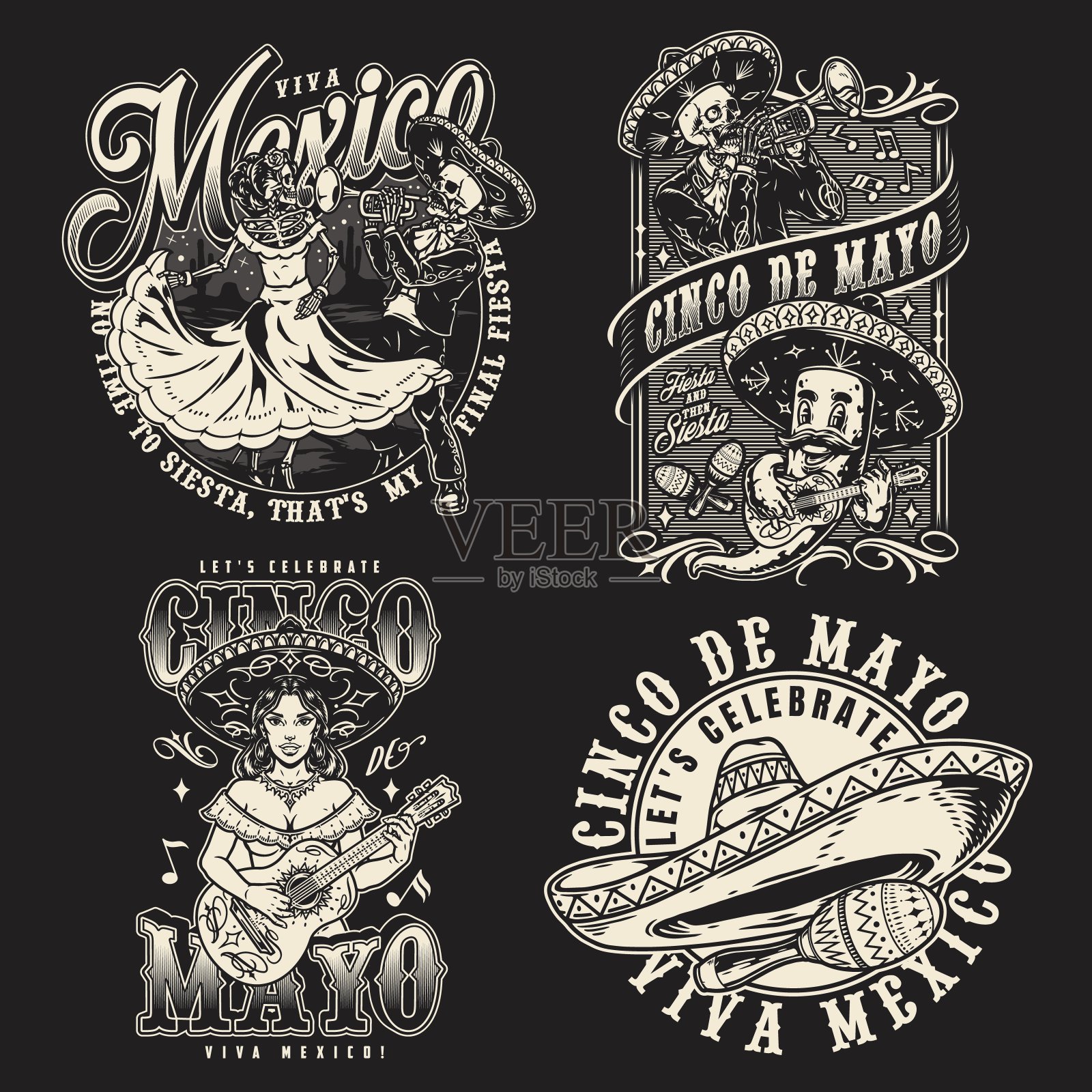 单色徽章设置与墨西哥音乐家插画图片素材