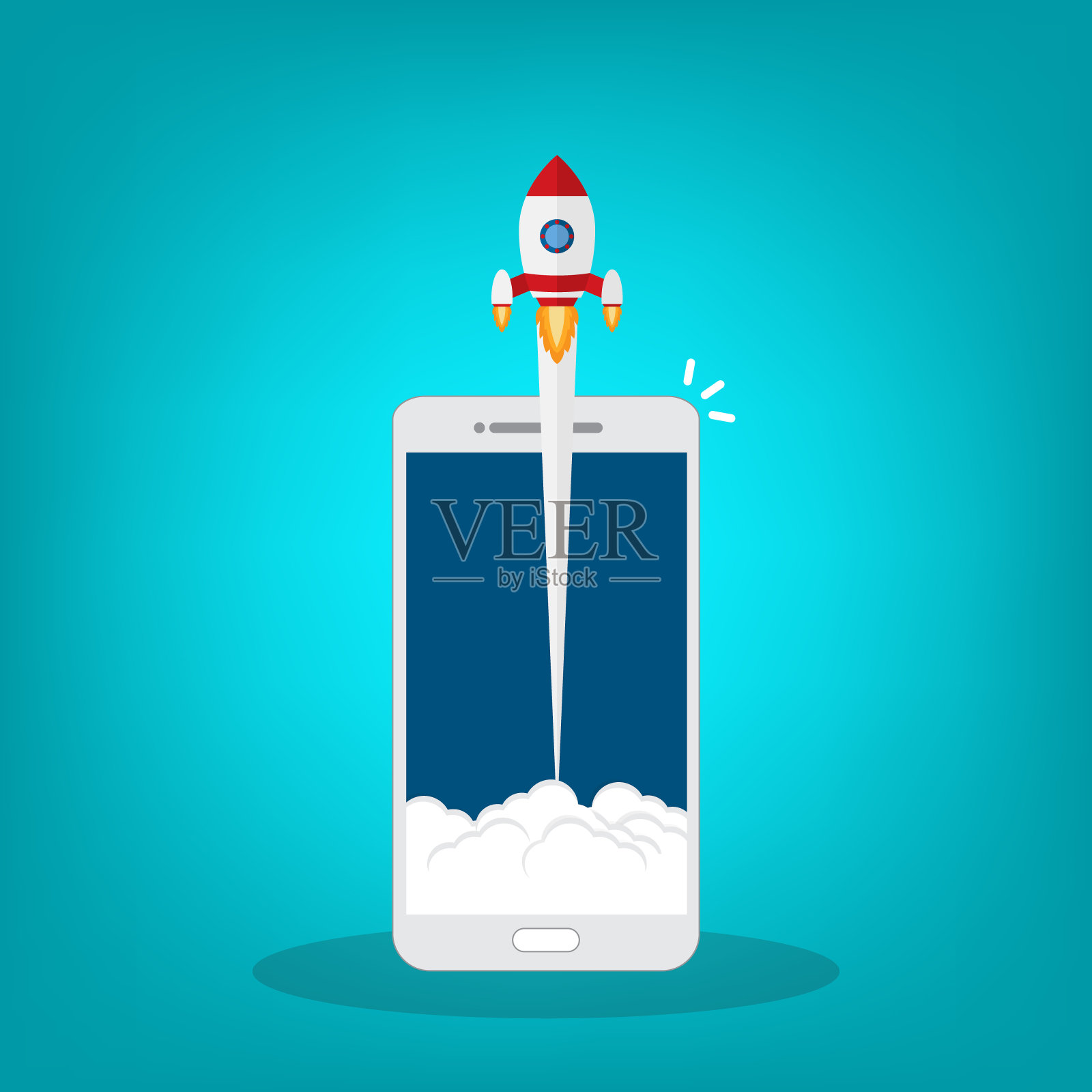 应用程序启动。创业矢量概念,平面卡通火箭或火箭船发射,手机或智能手机,成功的商业项目启动的想法,推动技术,创新。插画图片素材