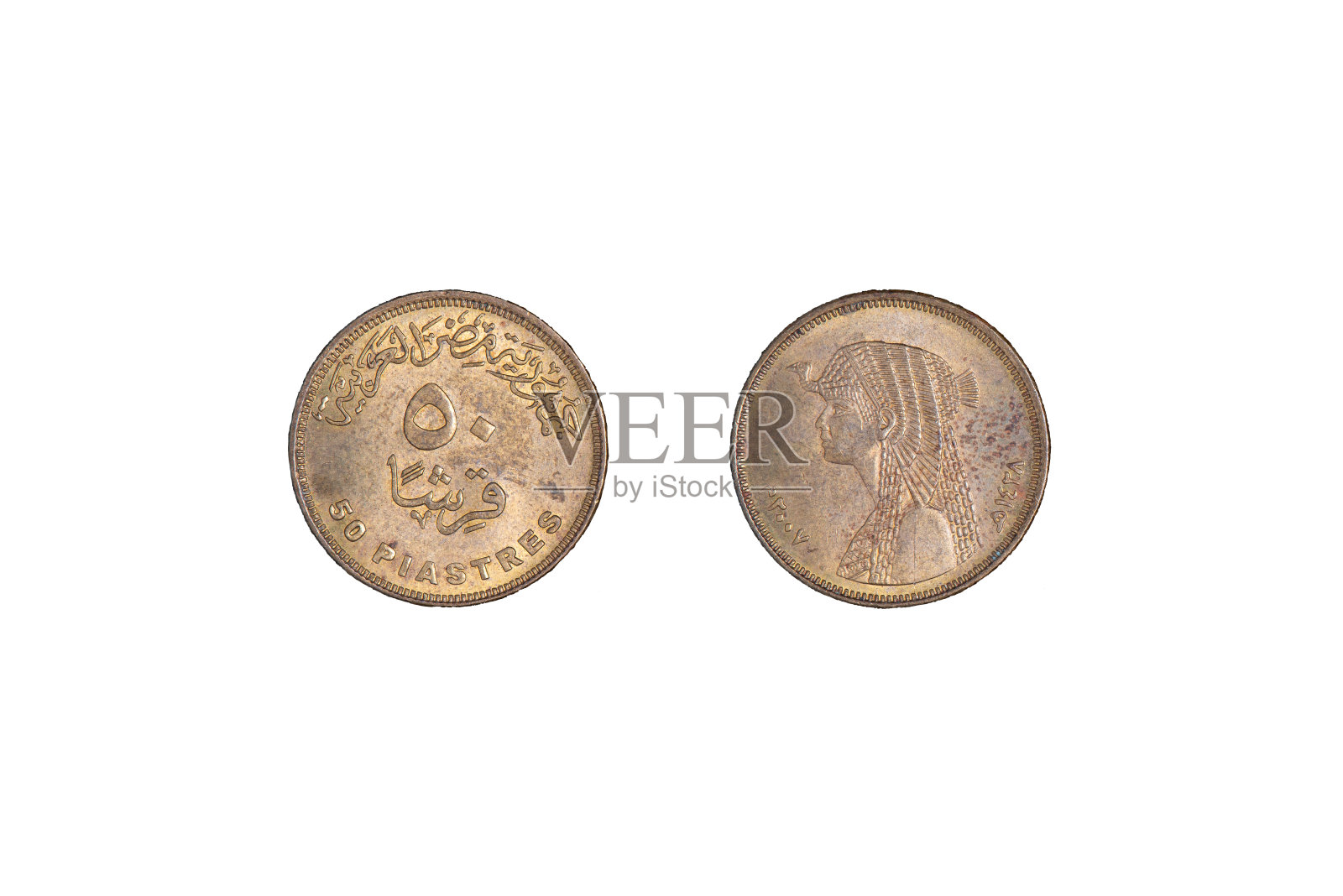 埃及硬币50毕阿士特。黑色背景,两边特写。照片摄影图片