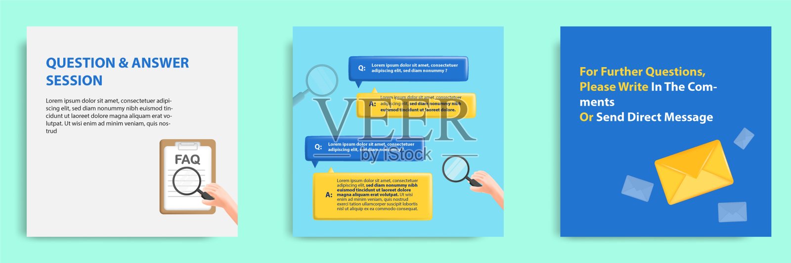 社交媒体信息FAQ张贴横幅模板布局设计在3D卡通风格,彩色背景与手握放大镜玻璃,检查表板。插画图片素材