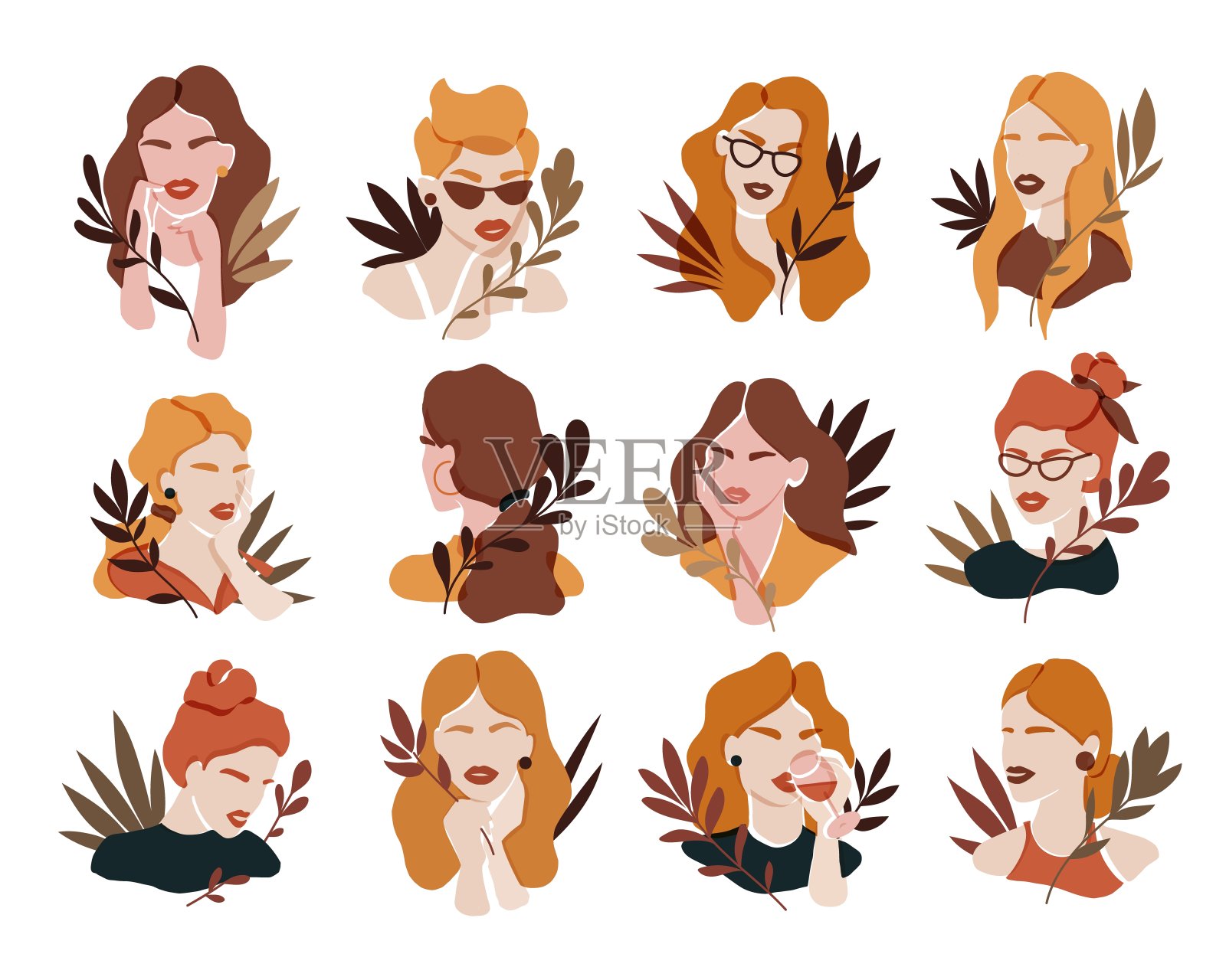 有花卉元素的女人。向量组插画图片素材