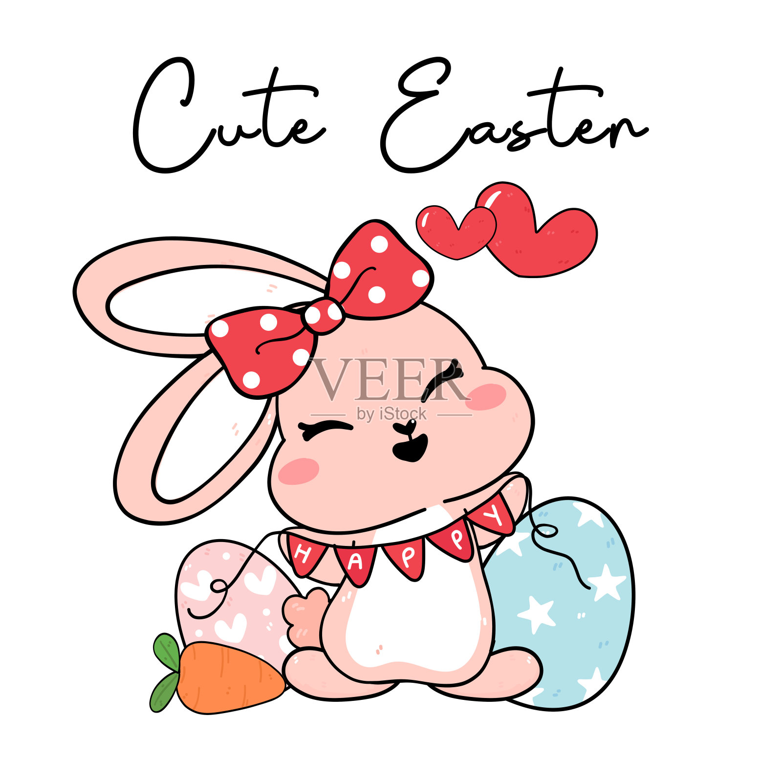 可爱快乐的微笑粉红色的兔子带着红色的蝴蝶结和旗帜花环和复活节彩蛋卡通画出兔宝宝,可爱的复活节插画图片素材