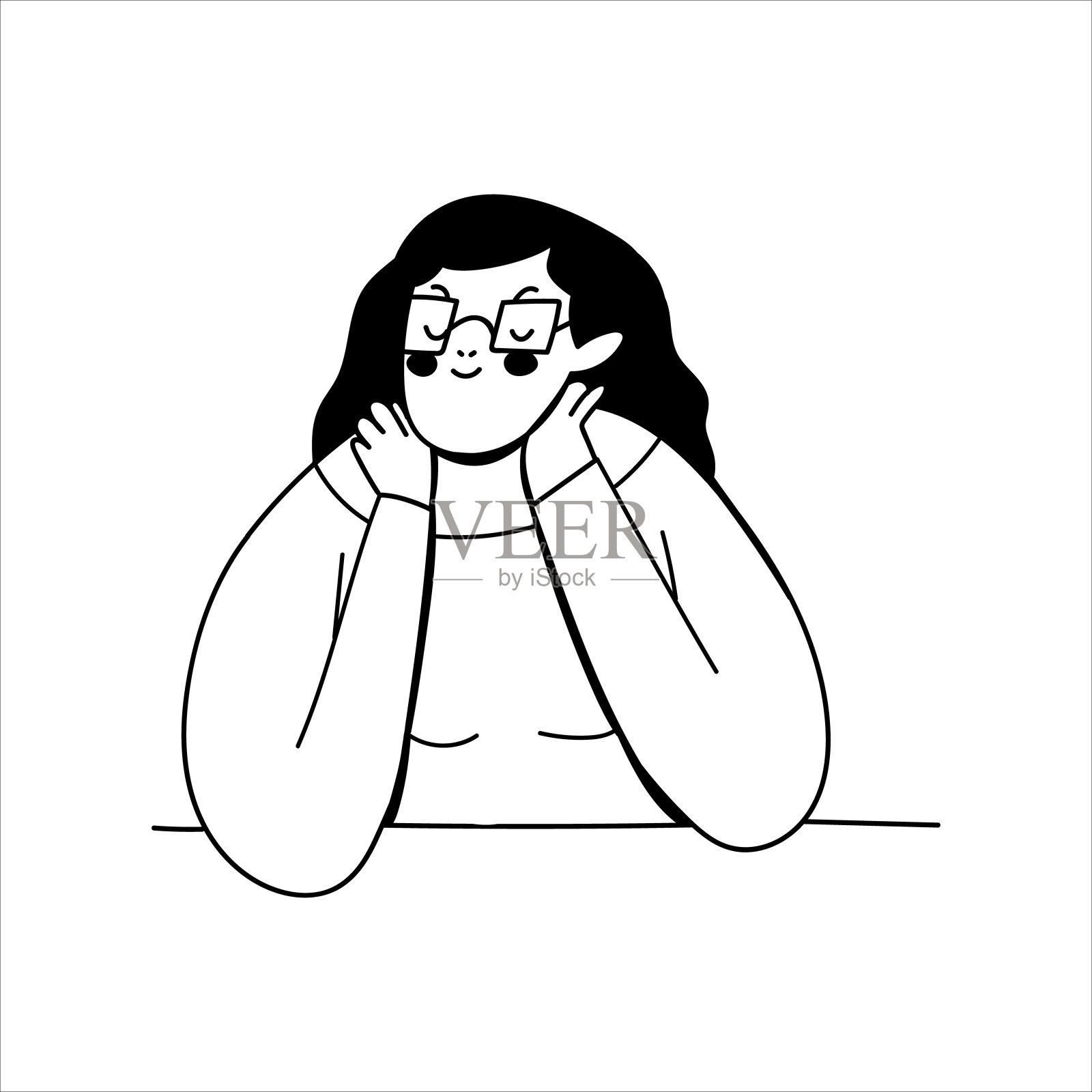 一个戴眼镜的梦幻女孩。一个忧郁的女性角色。矢量手绘插图在一个孤立的白色背景上的涂鸦风格。插画图片素材