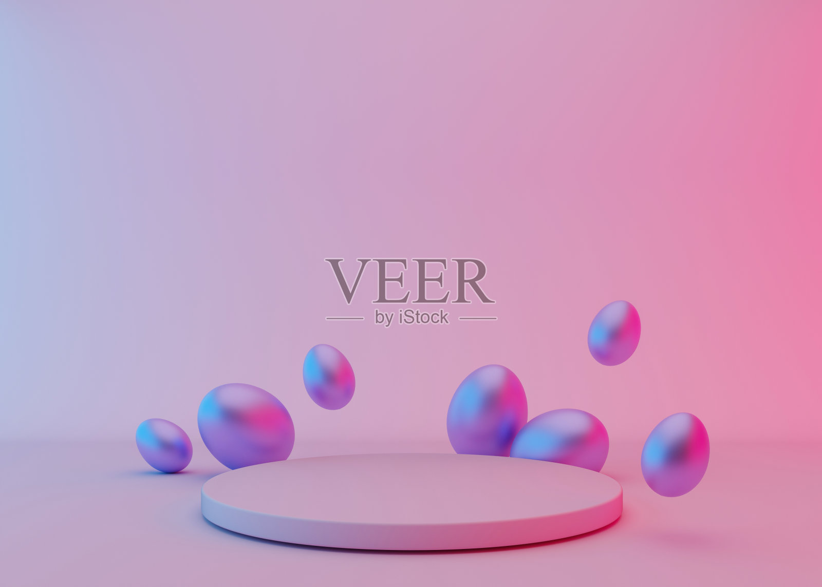 粉红色背景上紫色复活节彩蛋的讲台。霓虹灯的颜色和灯光。现代化的产品、化妆品展示平台。复活节的模拟。美容产品的底座或平台。3 d渲染。照片摄影图片