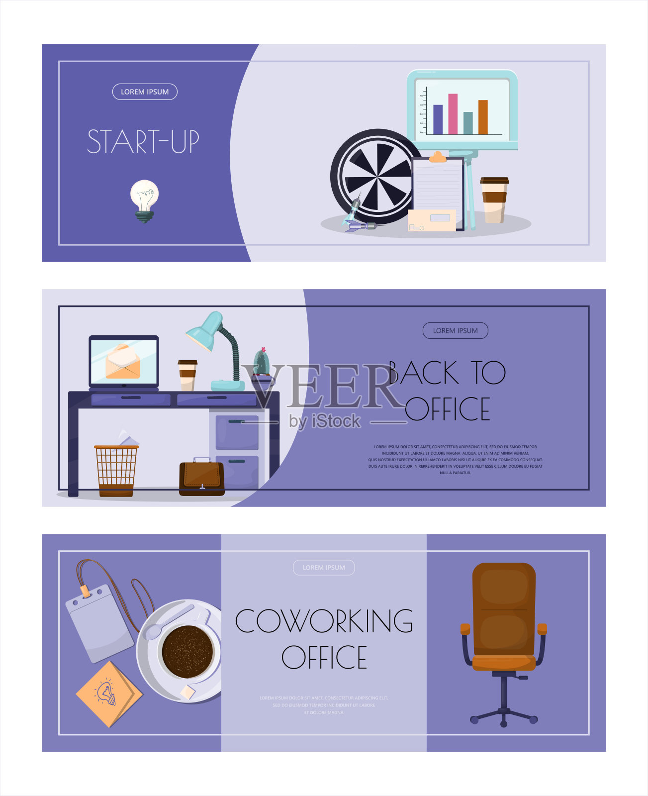 平面矢量横幅模板的办公室,业务解决方案,启动,时间管理,计划和战略。为网站,办公室工作,自由职业者,远程工作,家庭办公室的现代卡通插图概念插画图片素材