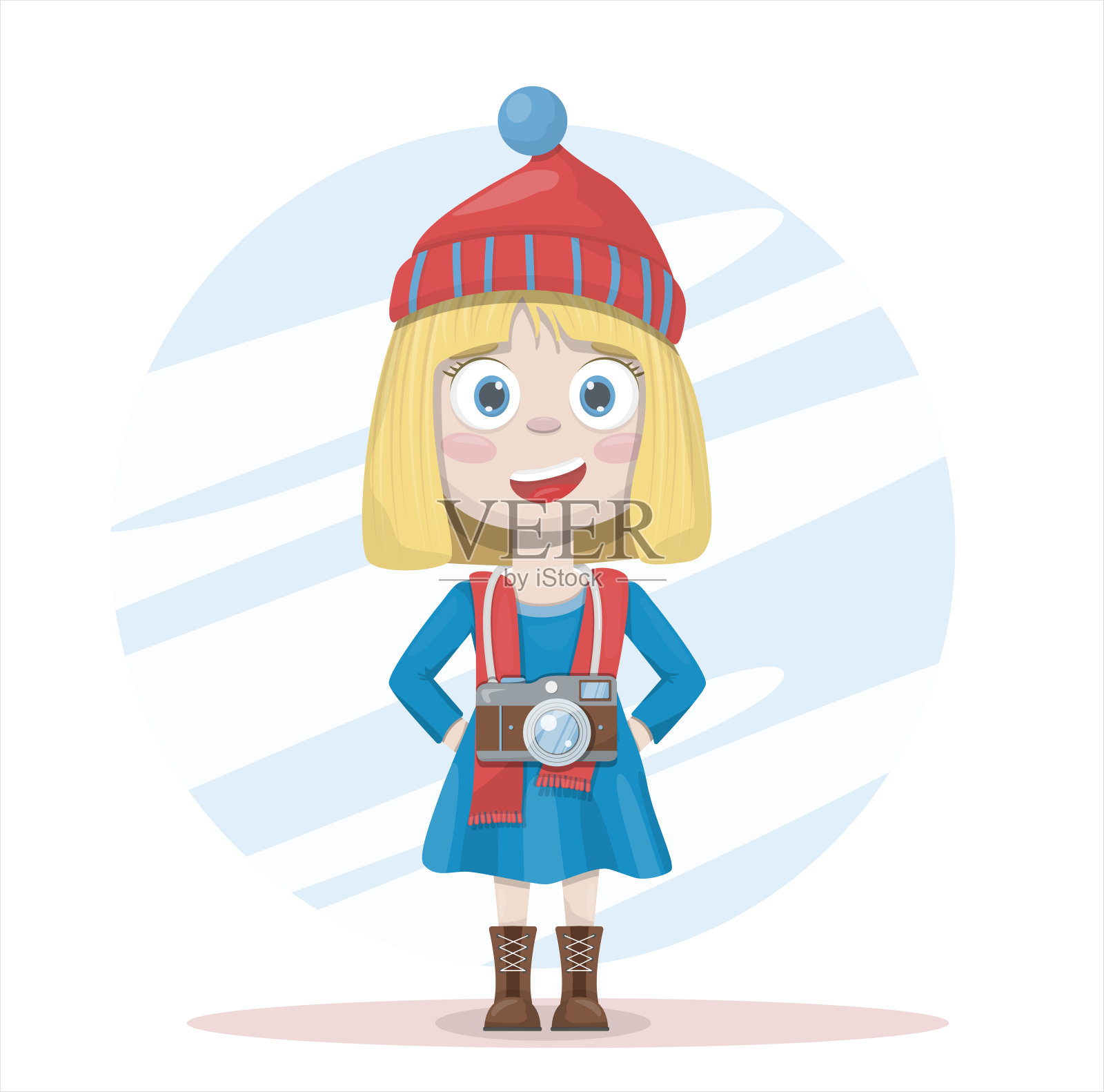 矢量平面女孩摄影师。卡通可爱的小女孩穿着衣服,戴着照相机。一个快乐漂亮的孩子。学校明信片、广告等行业插画图片素材