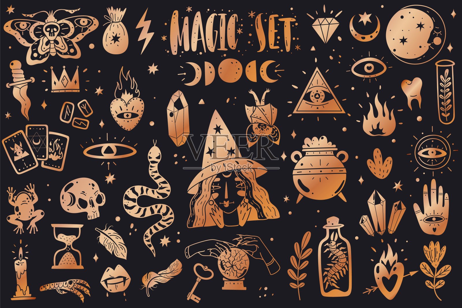 魔术图标涂鸦黄金收藏。魔术图标涂鸦黄金收藏。手绘,涂鸦,草图风格矢量插图。巫术神秘主义设计元素。完美的卡片,贴纸,印刷品插画图片素材