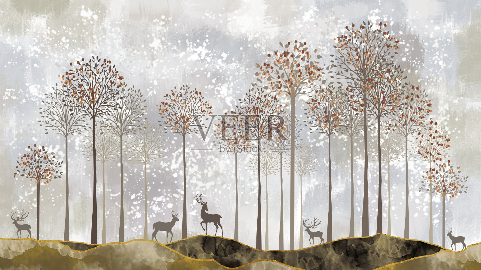 3d现代平面艺术壁画丛林墙纸,森林背景。鹿,圣诞树,大理石山在绘画背景插画图片素材