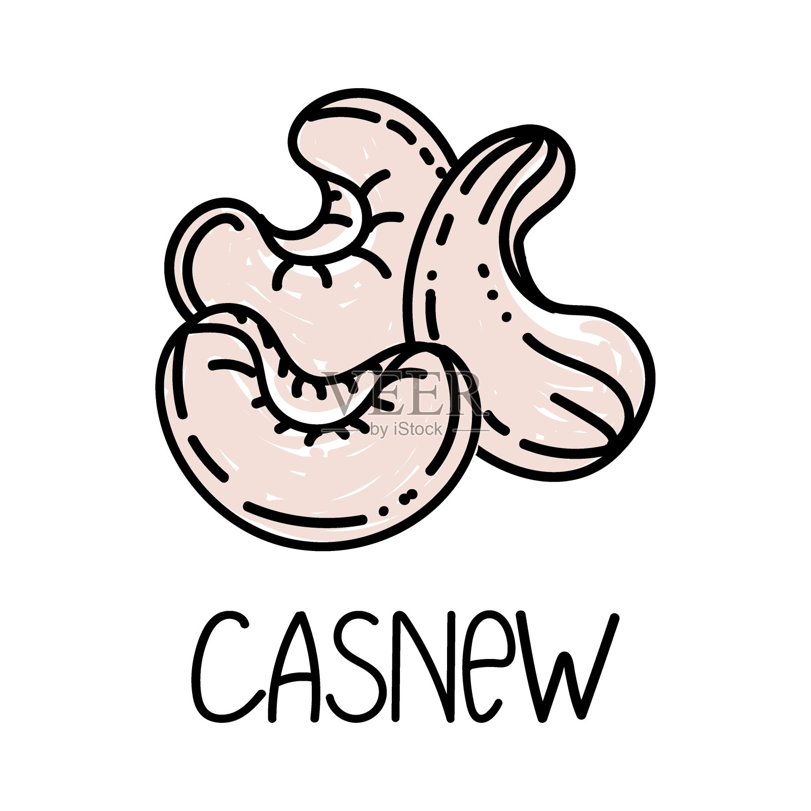 腰果,手绘涂鸦风格元素。标志和徽章包装设计模板-香料和药草-腰果。标志在一个时髦的线性风格。插画图片素材