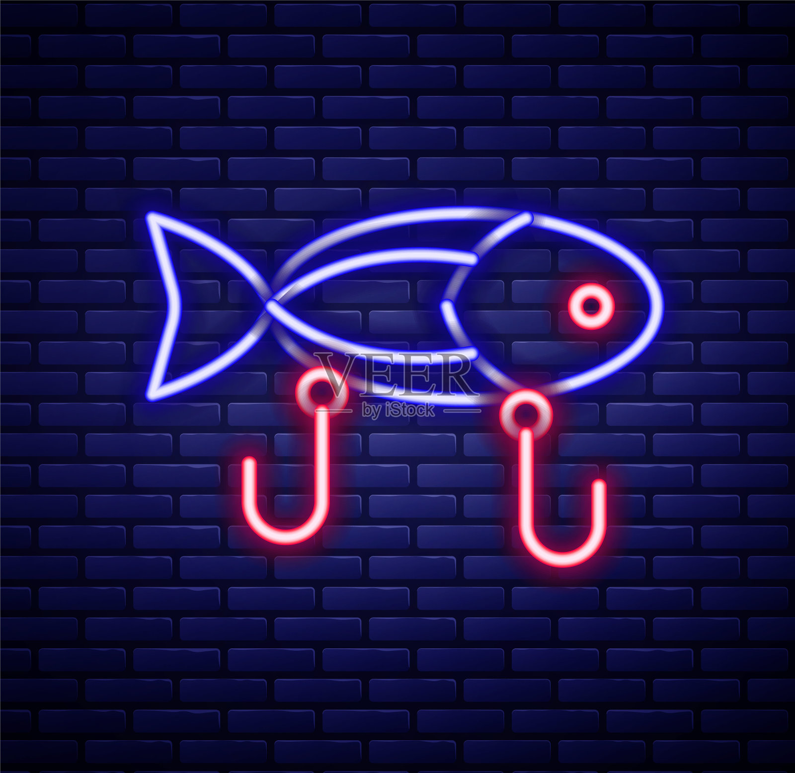 发光的霓虹灯线鱼饵图标孤立在砖墙背景。渔具。色彩斑斓的轮廓的概念。向量插画图片素材