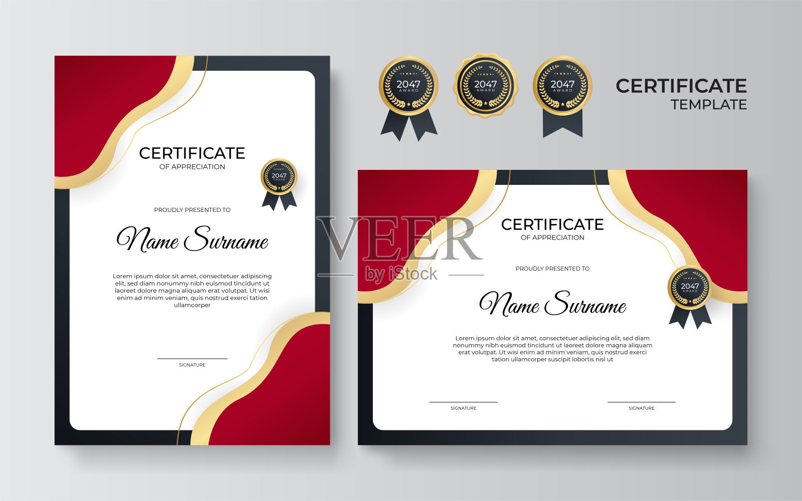 优雅的渐变红黑金证书设计模板插画图片素材