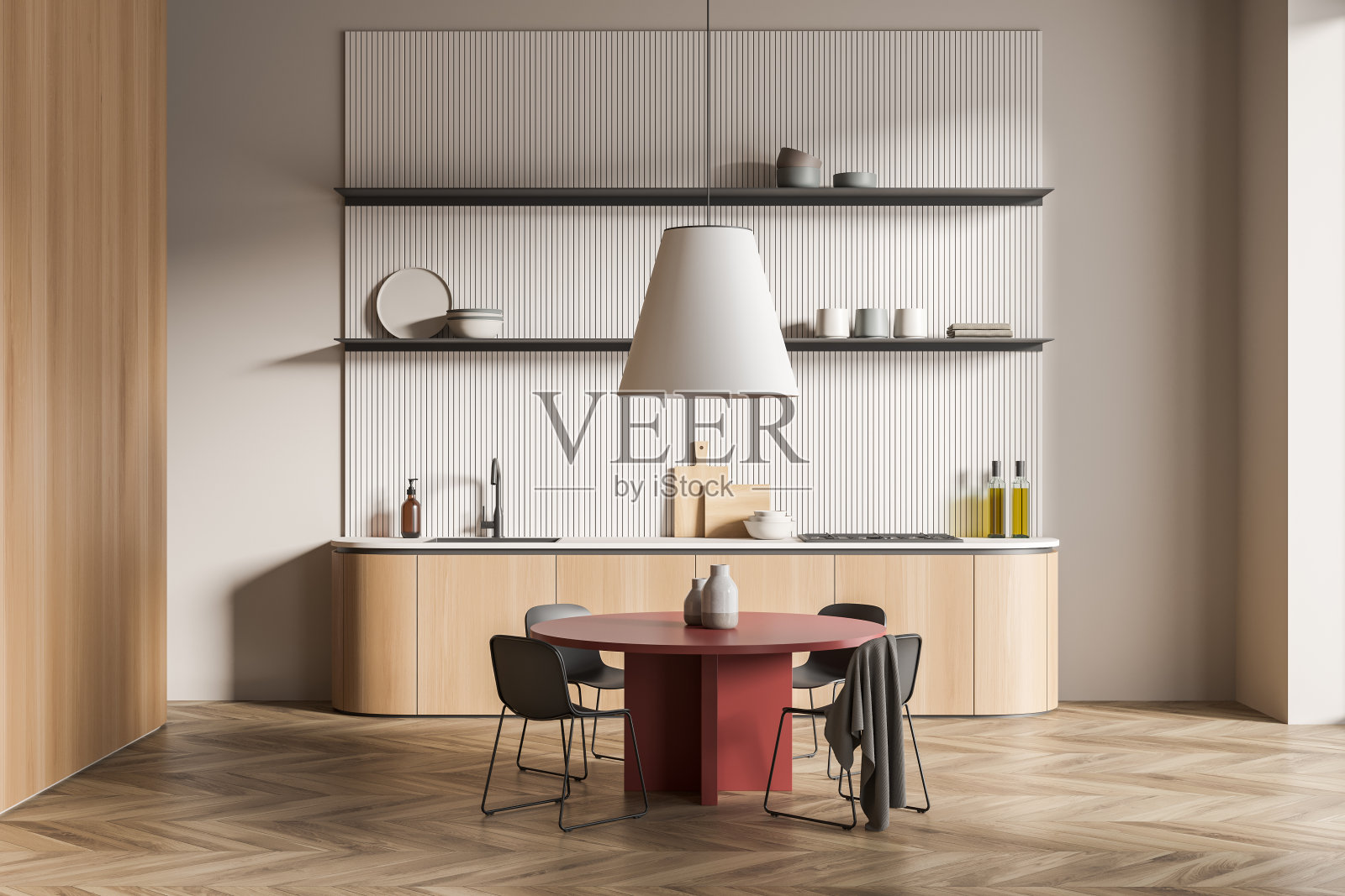 现代的餐厅内部,红色的大桌子和4把椅子。时尚的厨房。实木地板。开放空间区域。3 d渲染。照片摄影图片