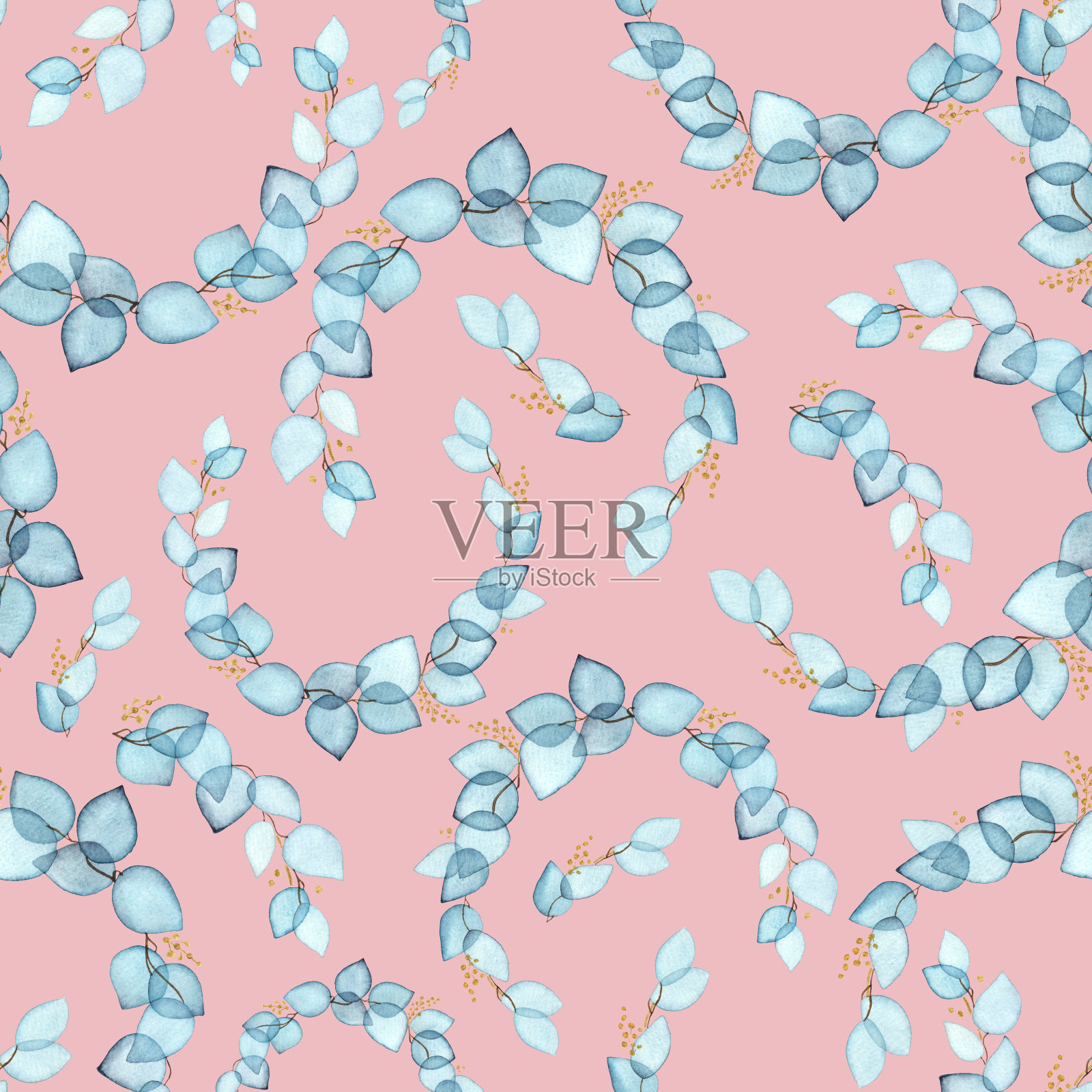 水彩无缝图案与蓝色桉树花环透明的叶子。手绘。用于纺织品,墙纸,背景,贺卡,包装纸,婚礼请柬。插画图片素材