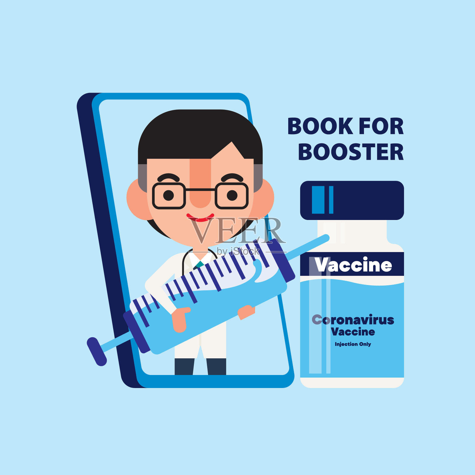 预防接种运动。平面卡通医生角色从手机中跳出来,手里拿着注射器针头。医生呆在疫苗瓶旁边。矢量字符插画图片素材