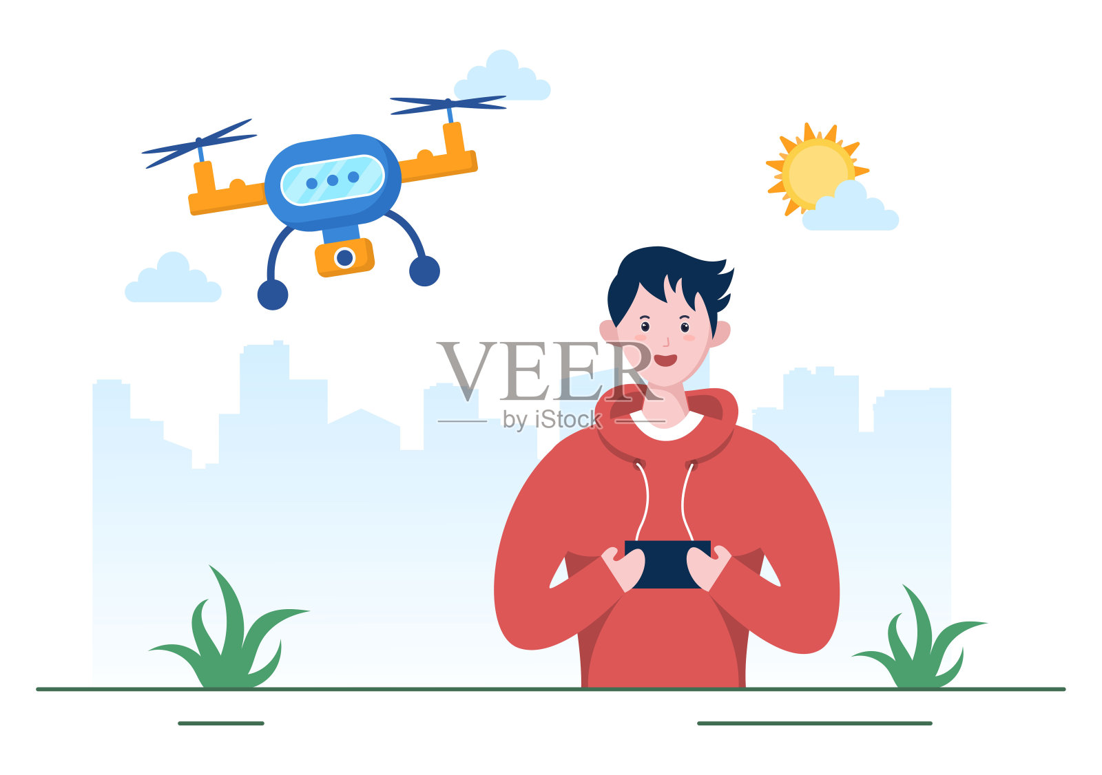 无人机与相机遥控驱动飞行到拍摄摄影和视频记录在平面卡通背景插图插画图片素材