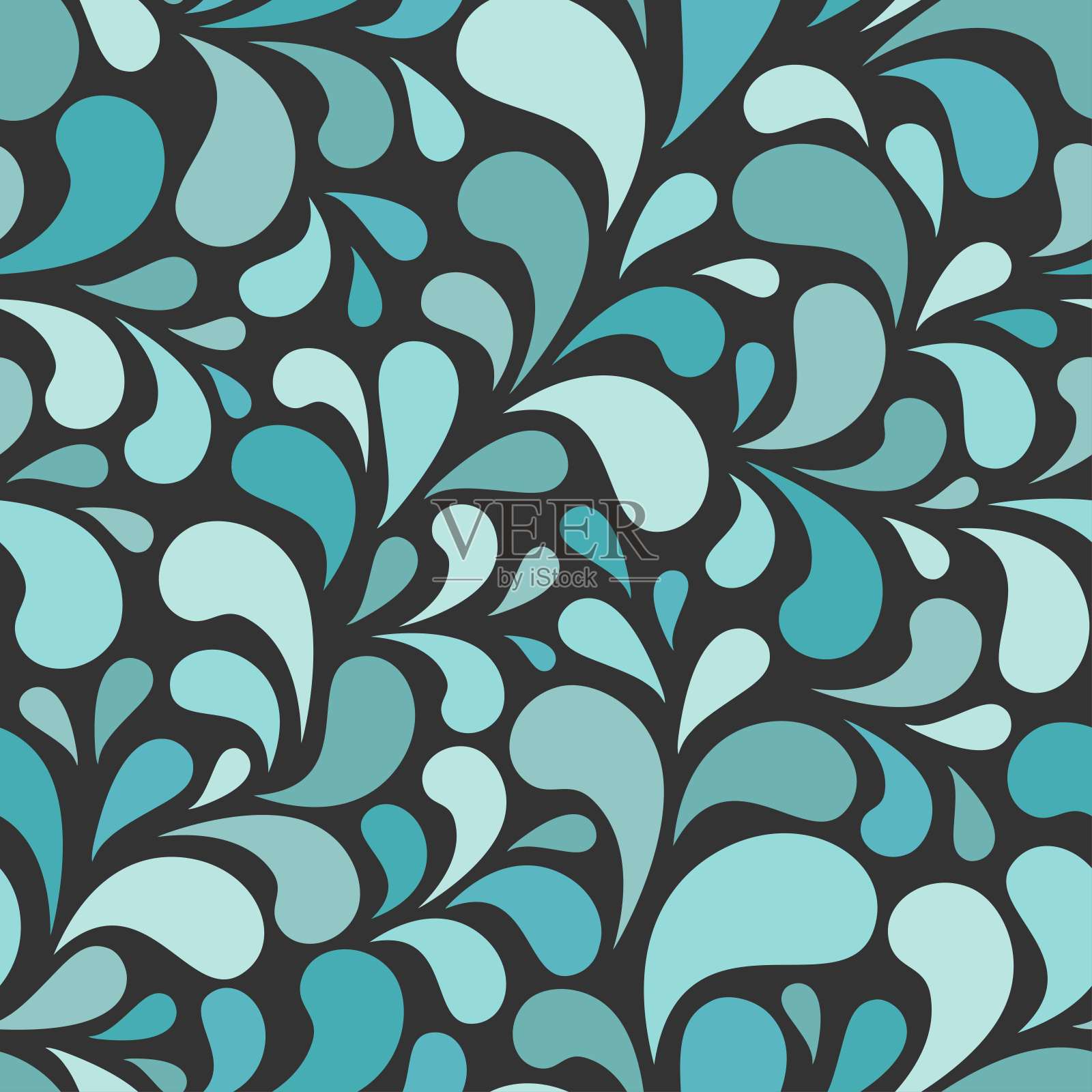 无缝抽象图案与蓝色和蓝绿色的水滴或花瓣在黑色的背景。插画图片素材