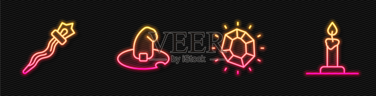 设置行魔法石和女巫帽的魔杖和燃烧插画图片素材