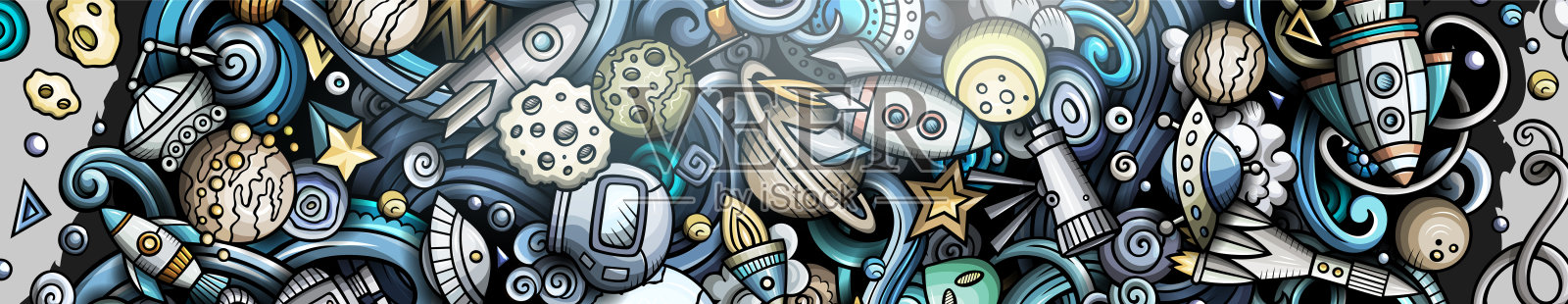 太空手绘涂鸦横幅。卡通详细的插图。插画图片素材