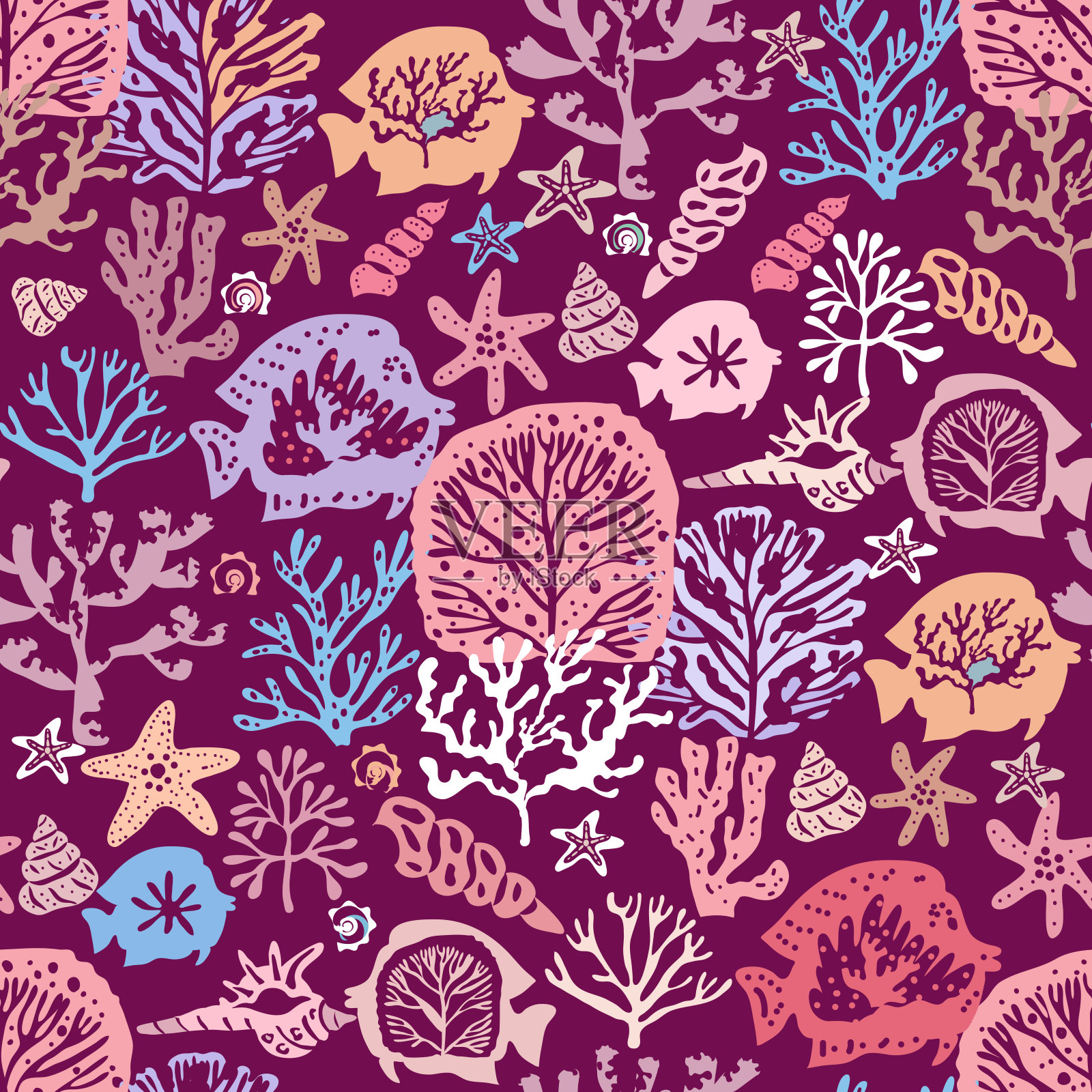 美丽的无缝图案,海藻,海洋水下植物,海洋珊瑚礁和水生海藻,海星,海藻,贝壳,插画图片素材