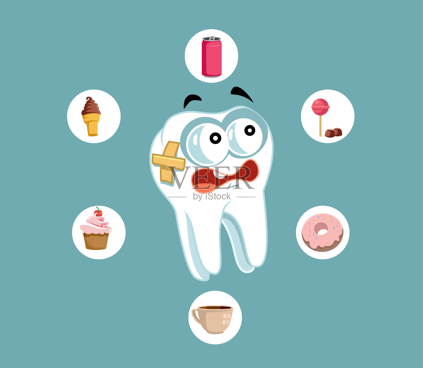 被垃圾食品矢量卡通包围的恐惧牙齿插画图片素材