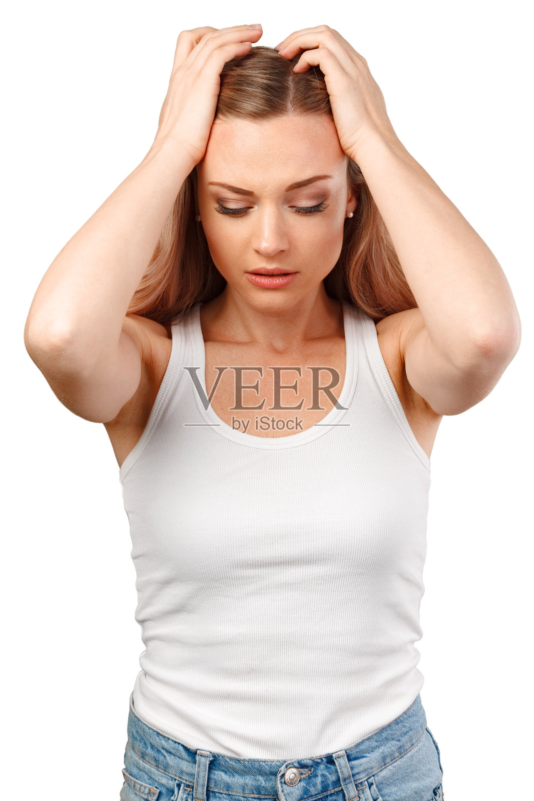 年轻漂亮的女人头痛,在白色背景下隔离照片摄影图片