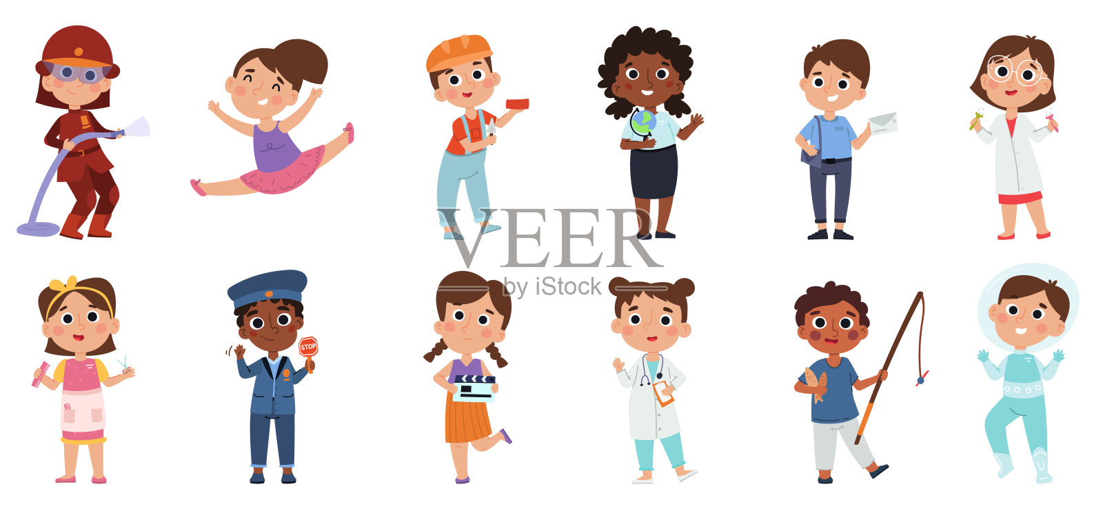 儿童专业角色,消防员宝宝宇航员和医生。男孩和女孩在不同的职业向量插图集。配备专业设备的卡通儿童插画图片素材