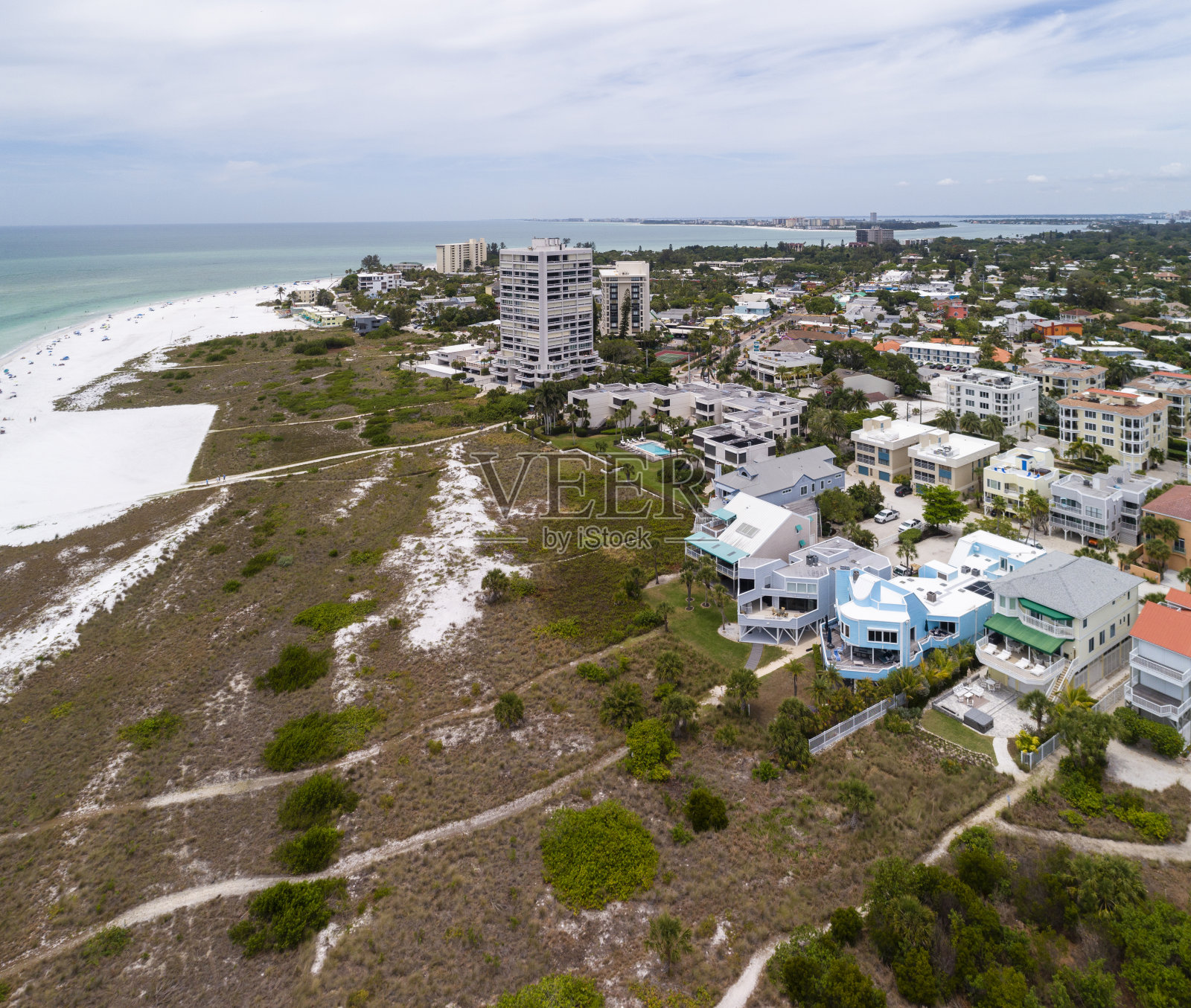 在佛罗里达州萨拉索塔的西斯塔基,有多条小路穿过沙丘通往海滩。超大,高分辨率的拼接全景图。照片摄影图片