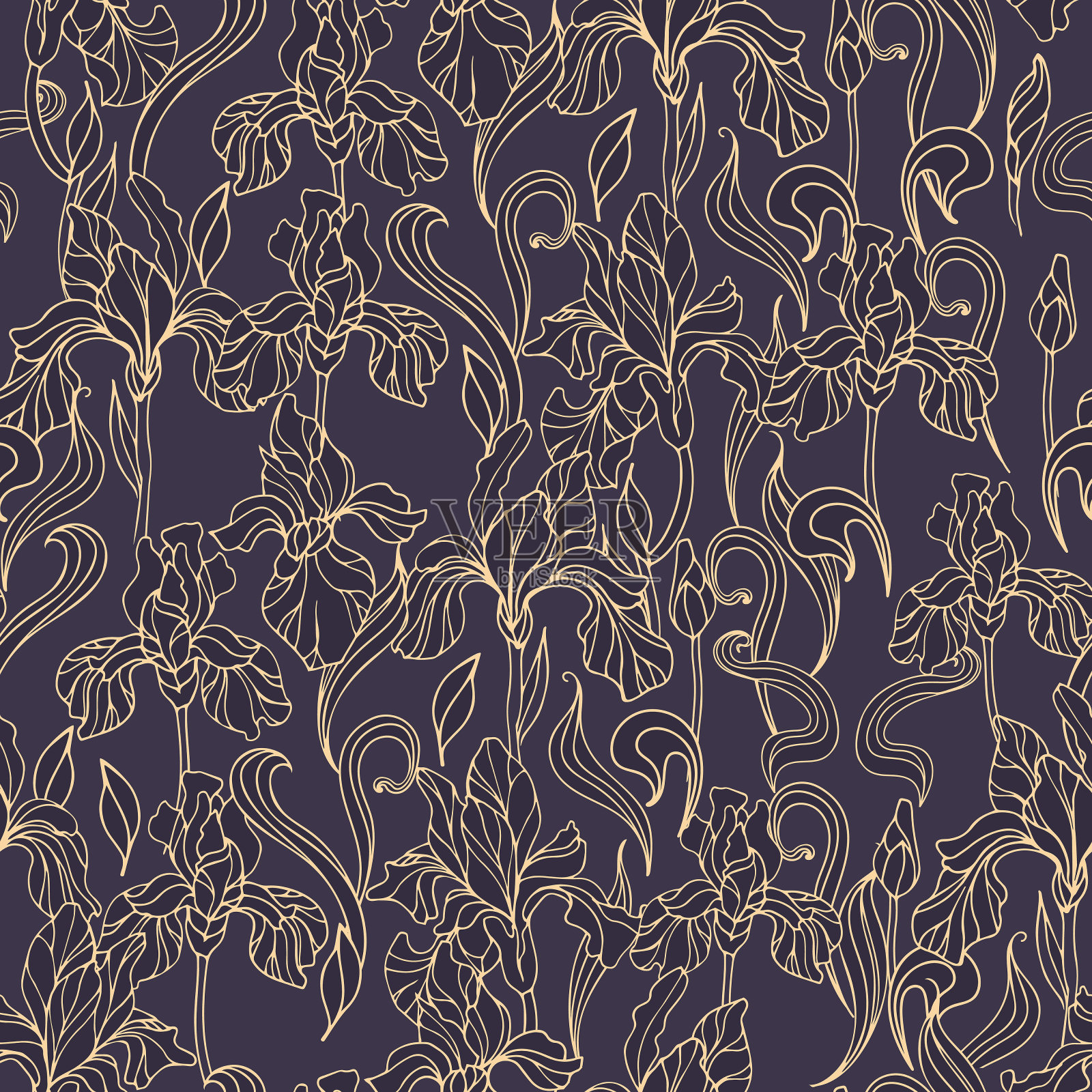 无缝模式的年份金色鸢尾花在黑暗的背景。新艺术、现代。植物插图,苗圃,墙纸,印刷在织物上,包装插画图片素材