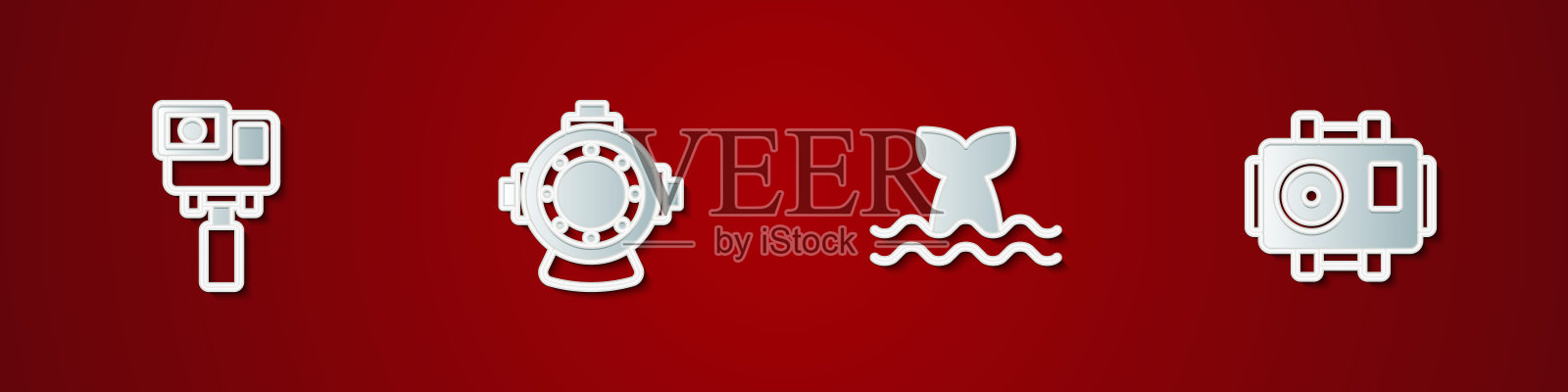 设置行动极端相机,aquung,鲸鱼尾巴和照片潜水员图标。向量图标素材