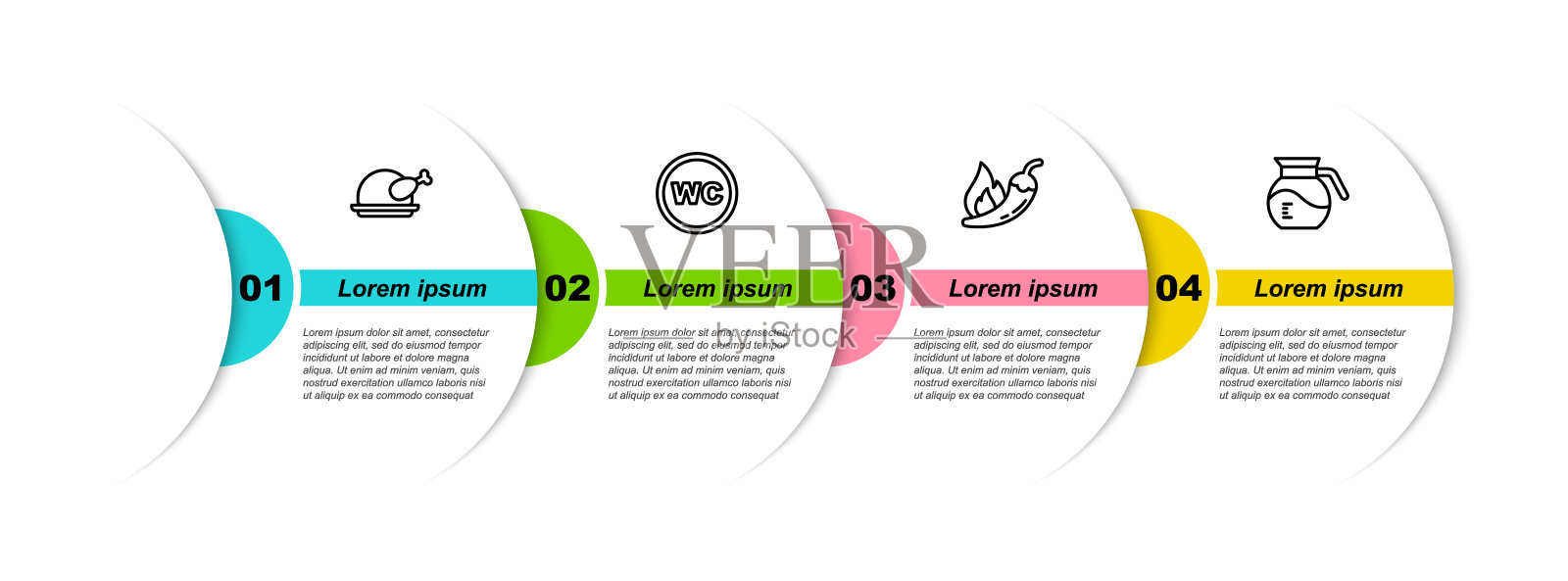 设置线烤火鸡或鸡肉,厕所,热辣椒辣椒荚和咖啡壶。商业信息图形模板。向量设计模板素材