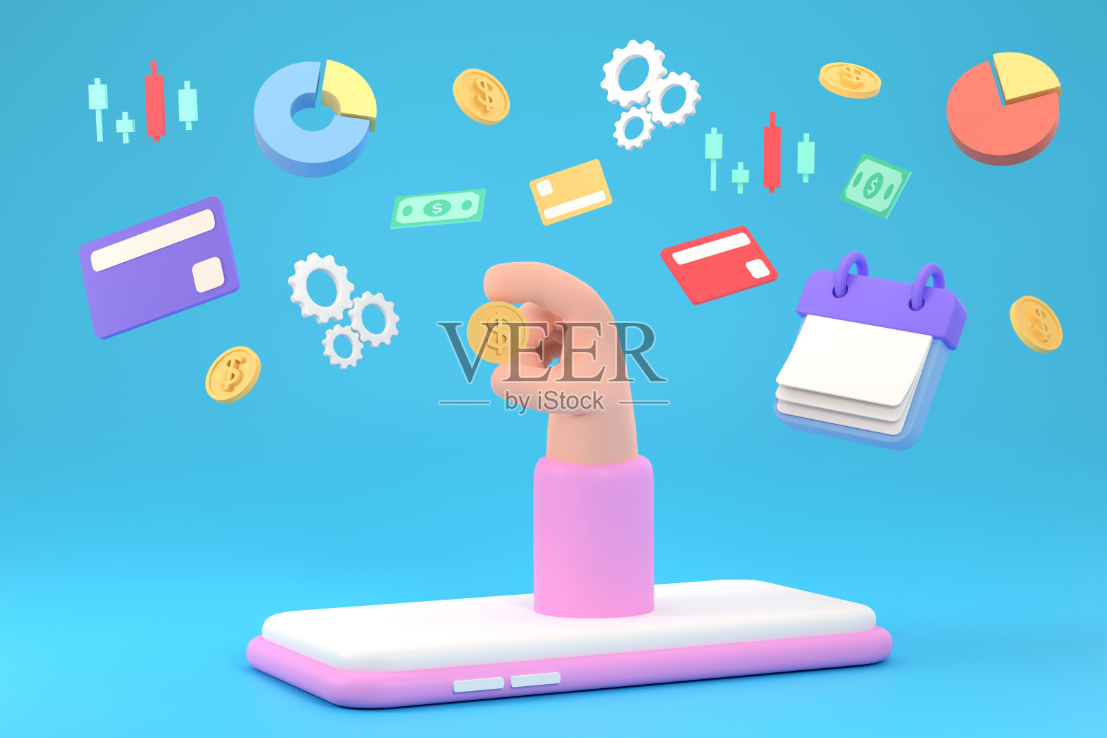 智能手机上的卡通手握一美元硬币。企业融资的概念照片摄影图片