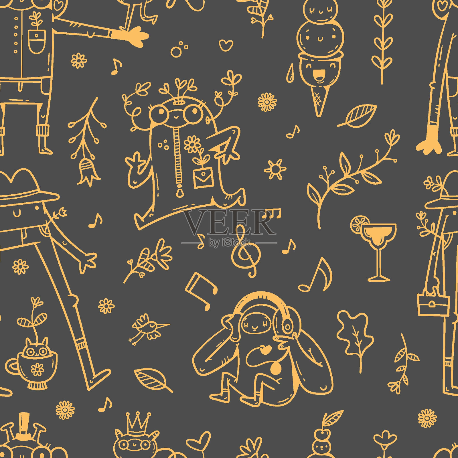 无缝模式与可爱的怪物在黑暗的背景。卡通有趣的生物打印。涂鸦植物壁纸。设计元素图片