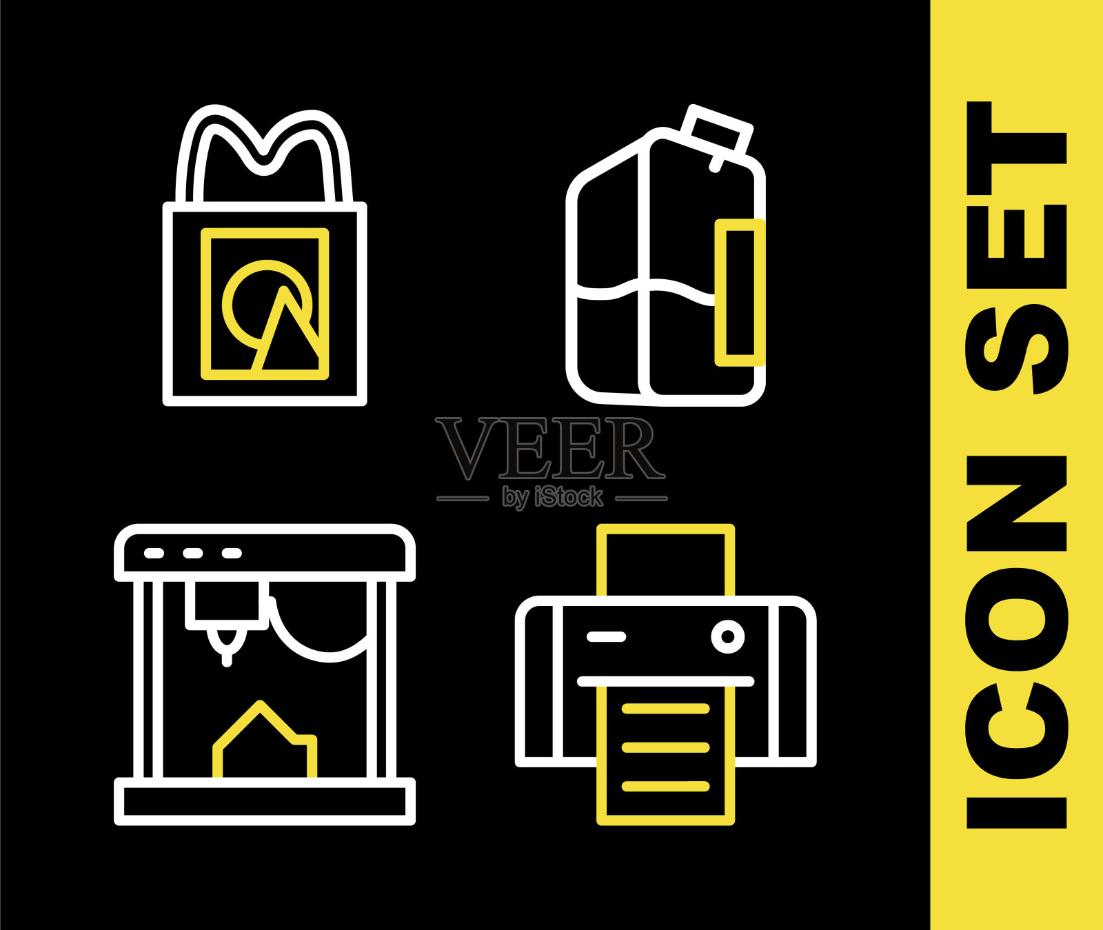 设置行打印机墨水瓶,3D打印机和纸购物袋图标。向量图标素材