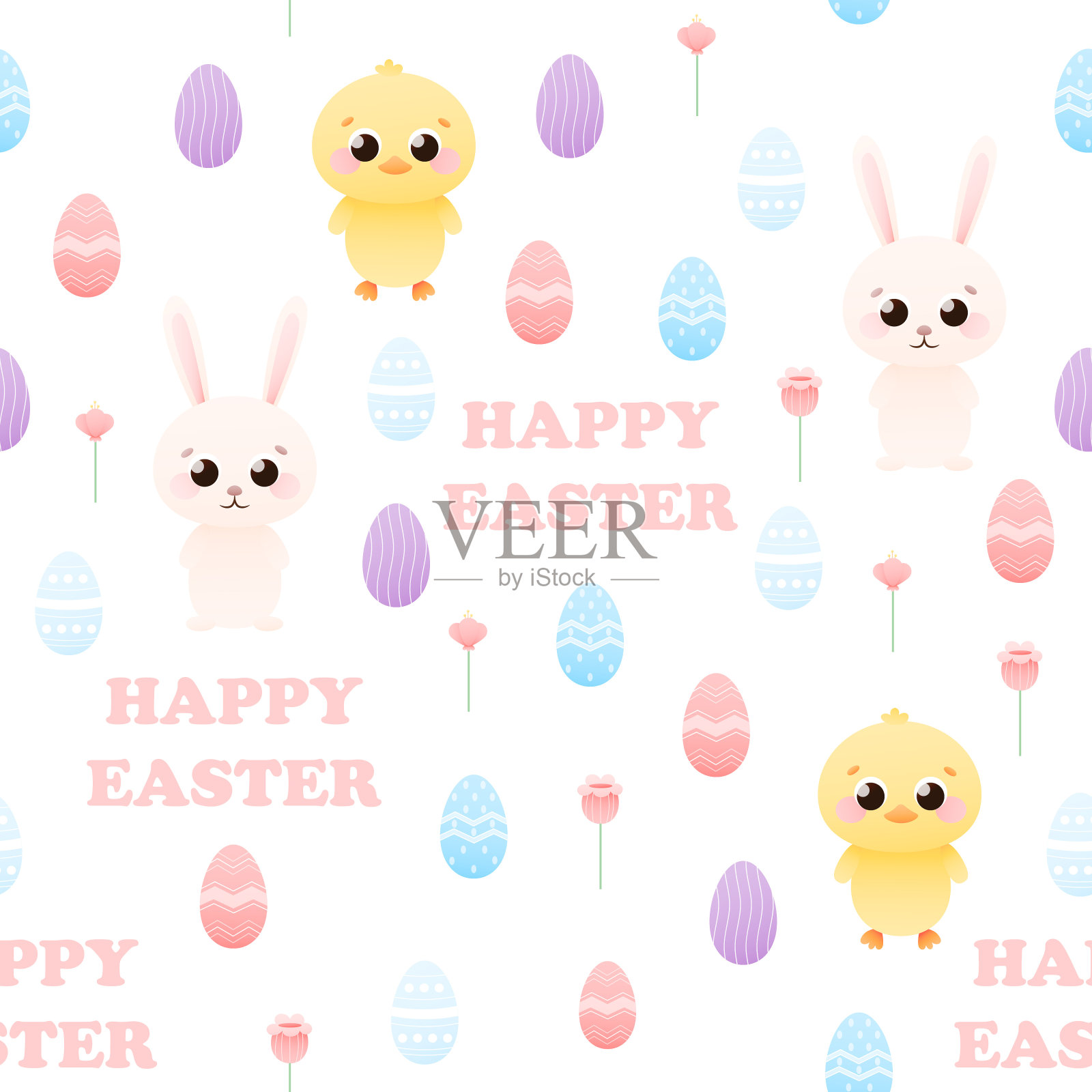 可爱幼稚的无缝图案与动物角色-兔子和小鸡,涂彩蛋周围和篮子,复活节假期设计模板素材