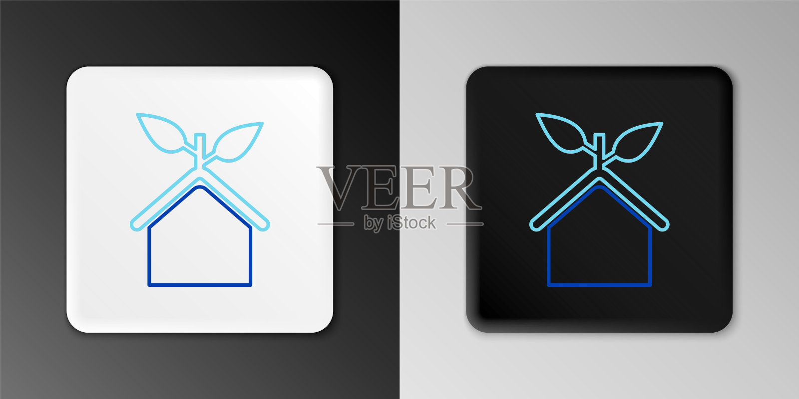 线条生态友好的房子图标孤立在灰色背景上。用树叶做的生态房子。色彩斑斓的轮廓的概念。向量图标素材