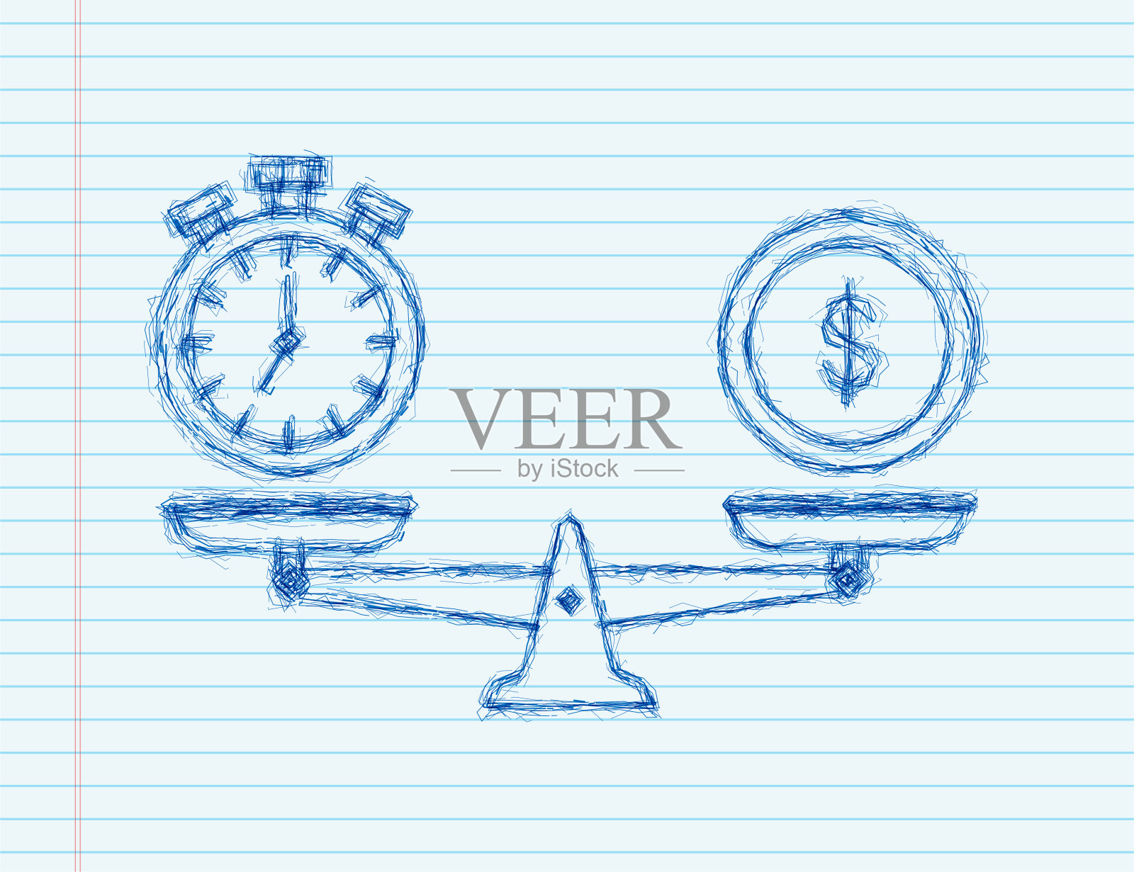 时间是金钱在天平上的图标。草图图标。金钱和时间在规模上保持平衡。向量股票插图插画图片素材