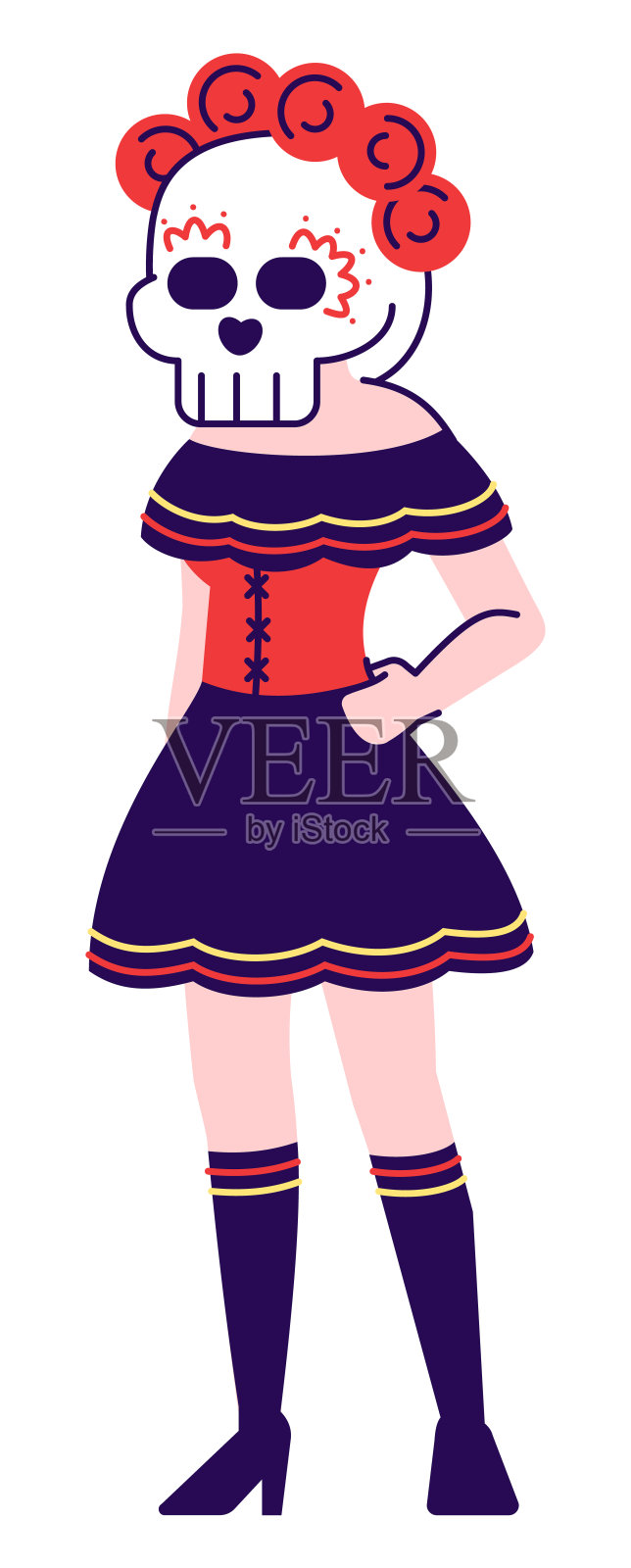 女性艺术家与糖头骨面具半平面RGB颜色矢量插图设计元素图片