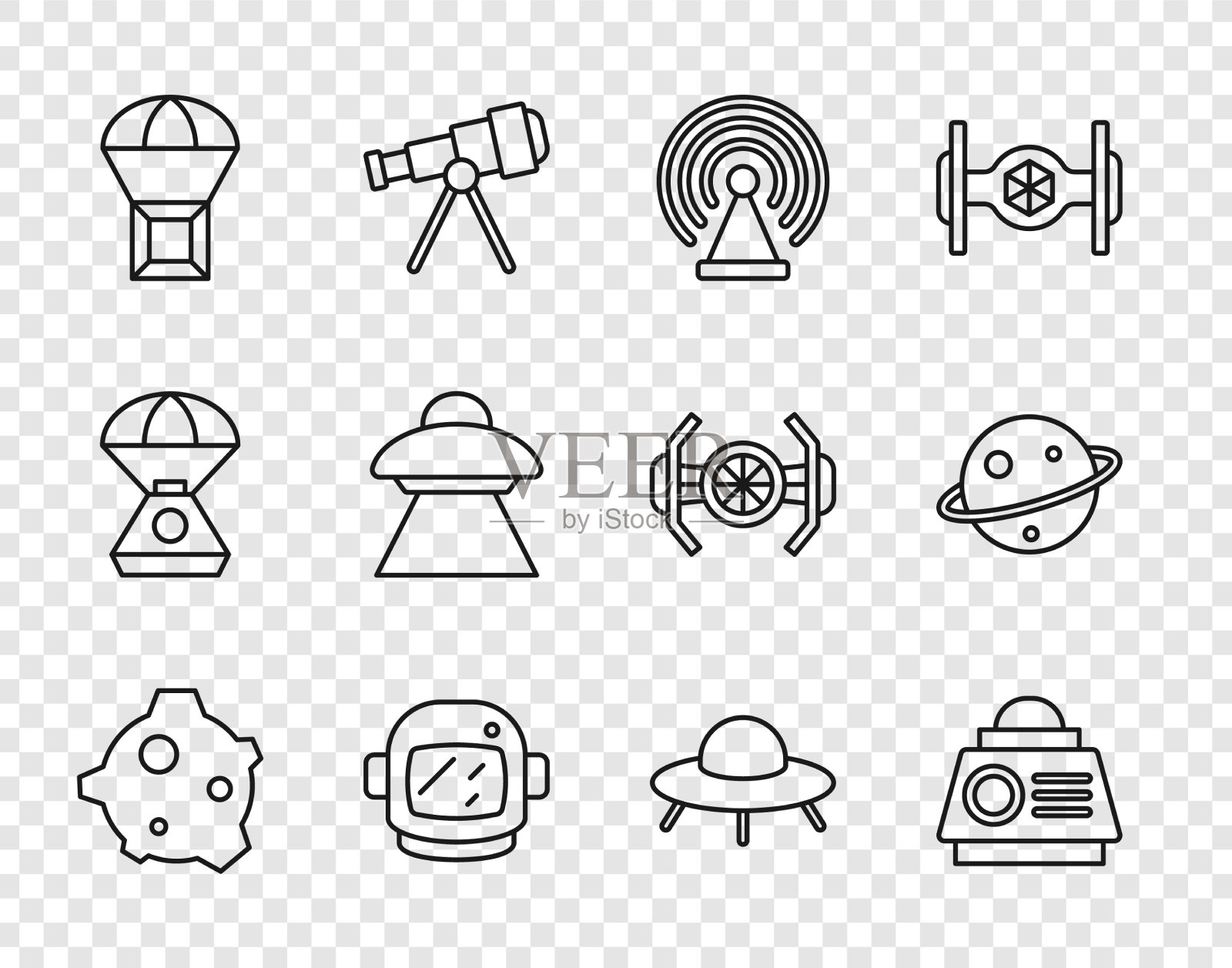 设置小行星太空舱雷达宇航员线路图标素材