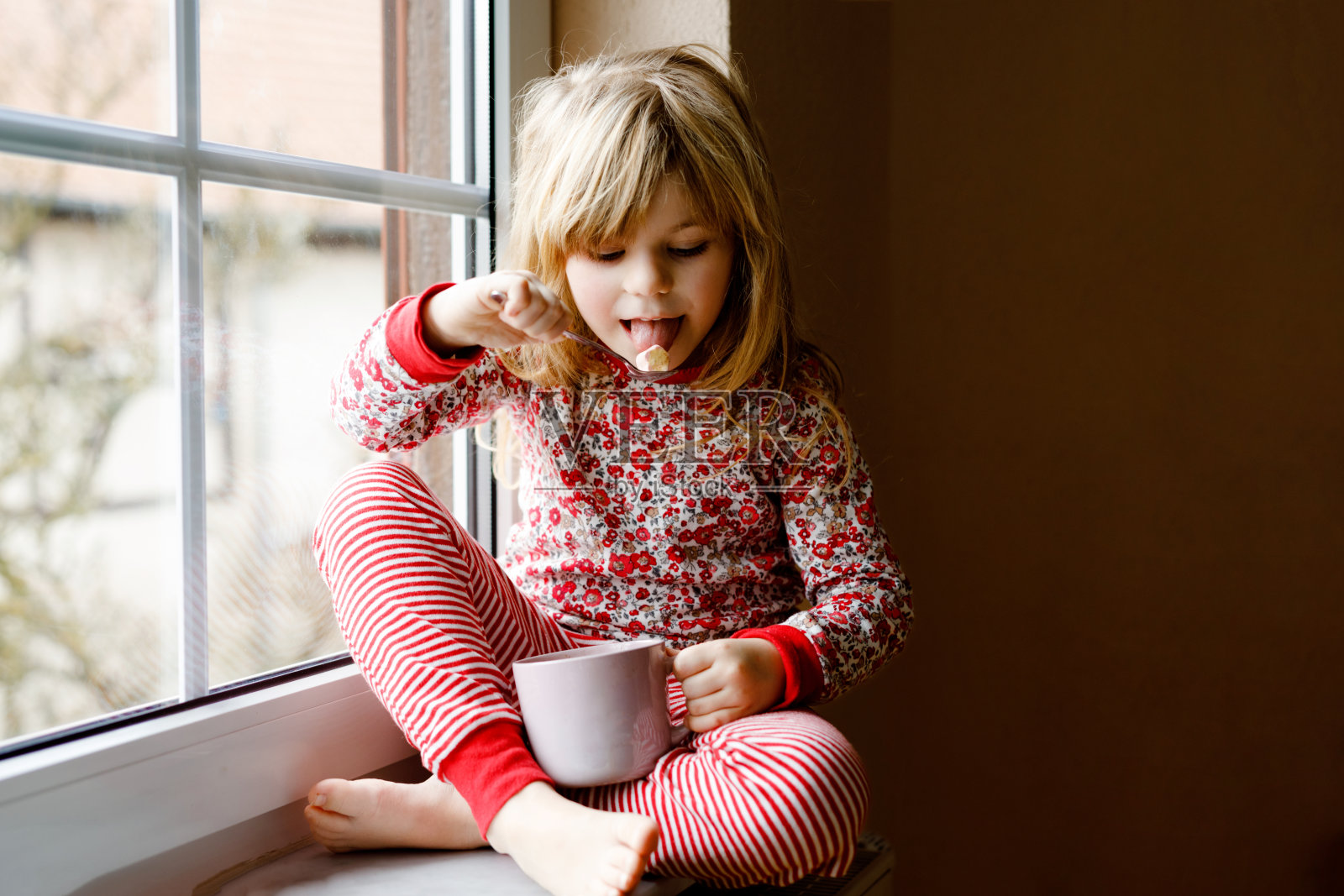 学前班的小女孩拿着杯子,杯子里装着巧克力和棉花糖。快乐的孩子穿着睡衣,在冬天的窗边喝着甜可可。阖家欢度圣诞。照片摄影图片