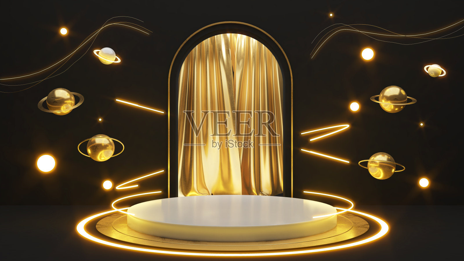 白色的圆圈站在黑色的背景和霓虹灯,金色的窗帘与金色的星星,模拟平台的产品展示,3D渲染照片摄影图片