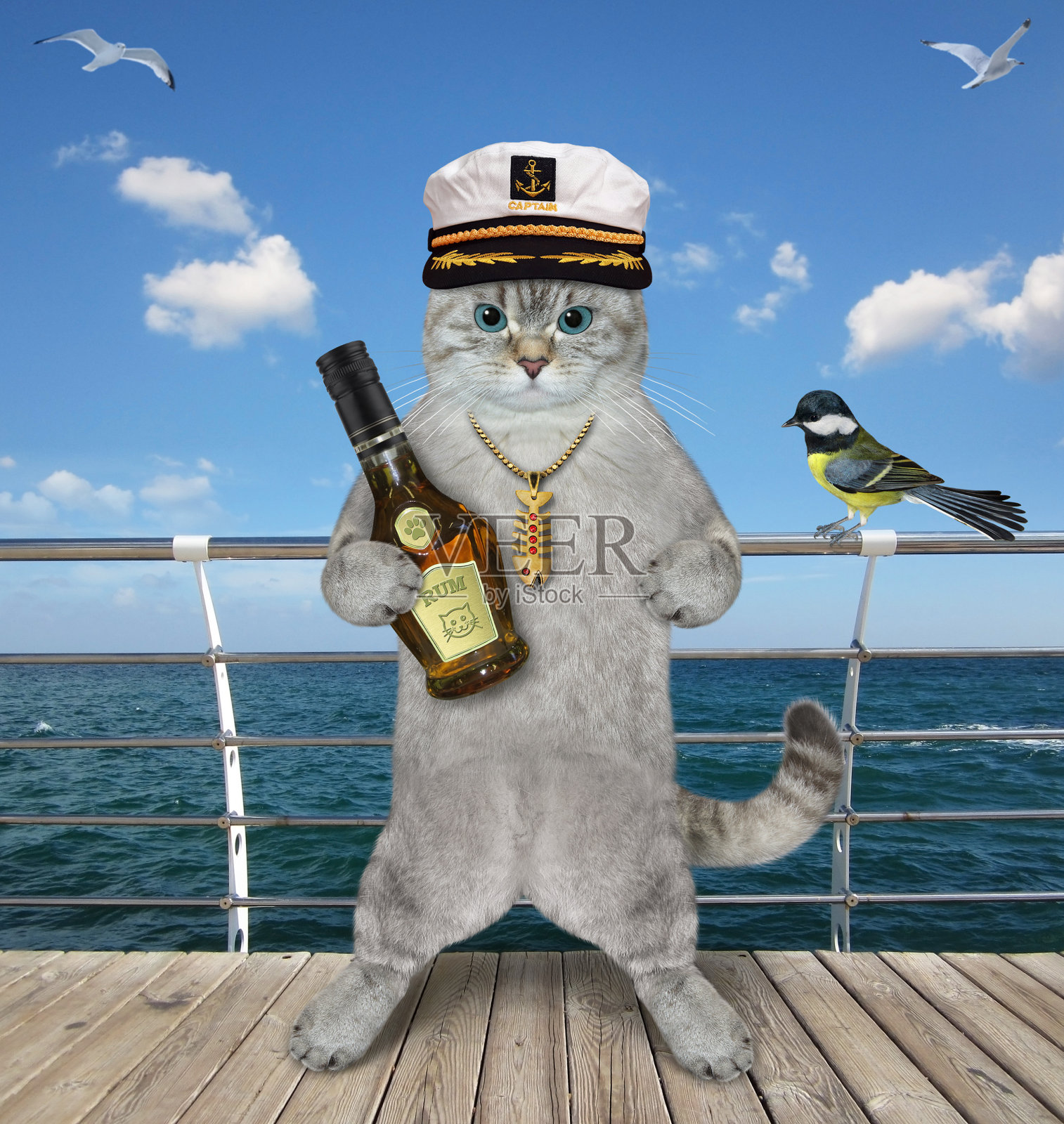 船长在甲板上喝了郎姆酒,面色发白照片摄影图片