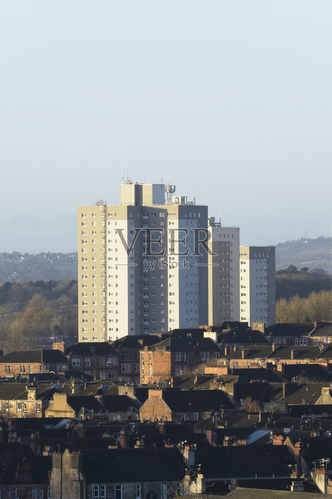 格拉斯哥贫困住宅区的高层市政公寓照片摄影图片