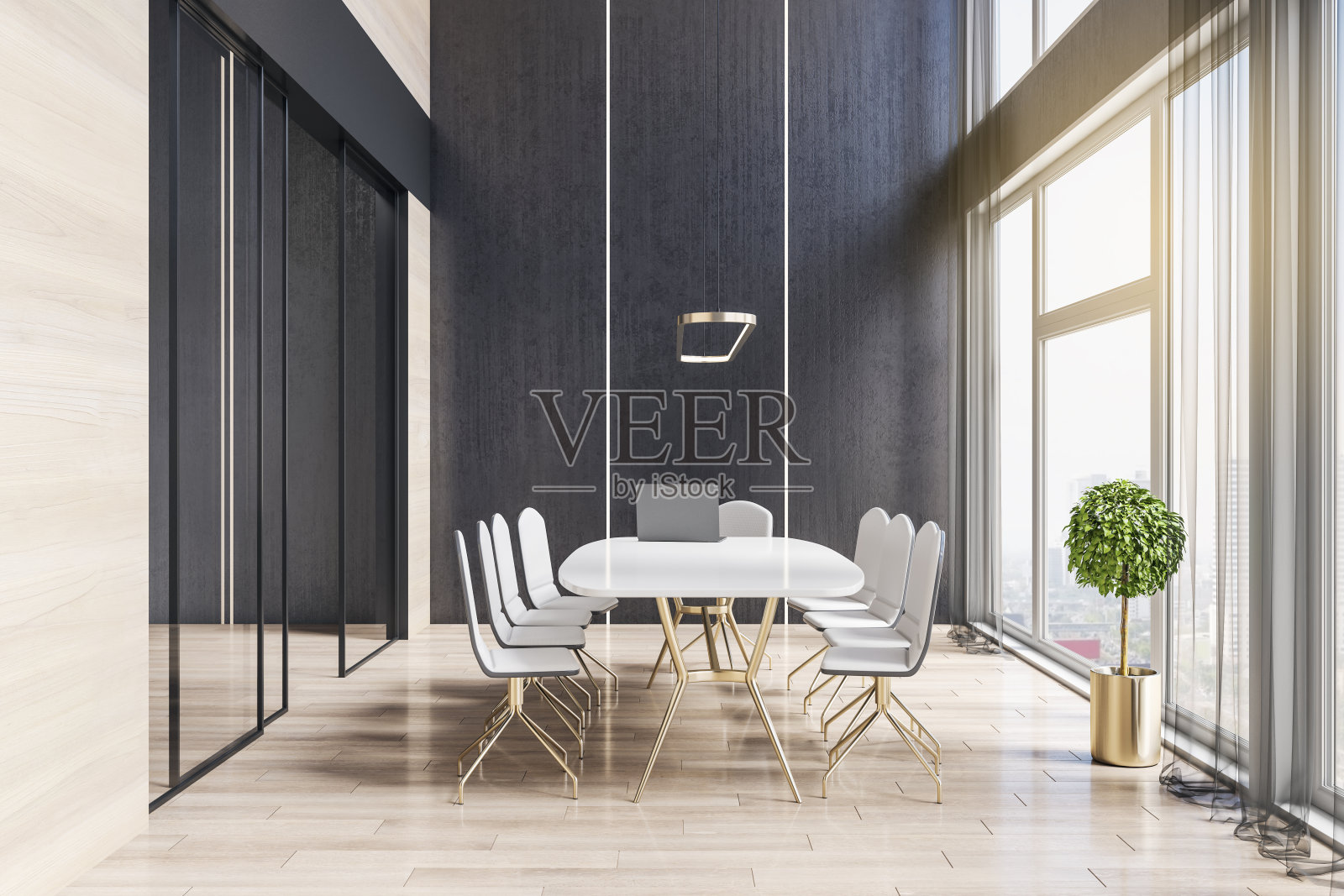 阳光现代的室内设计背景,时尚的会议室,黑色的墙壁,白色光滑的金色桌腿,白色的椅子环绕,木地板,金色装饰树盆,带有城市景观的大窗户和玻璃门。三维渲染照片摄影图片