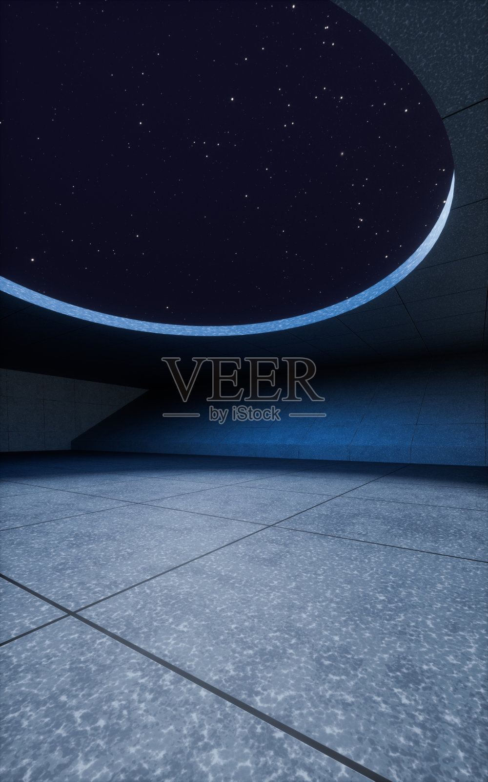 黑色背景的抽象混凝土建筑,三维渲染。照片摄影图片