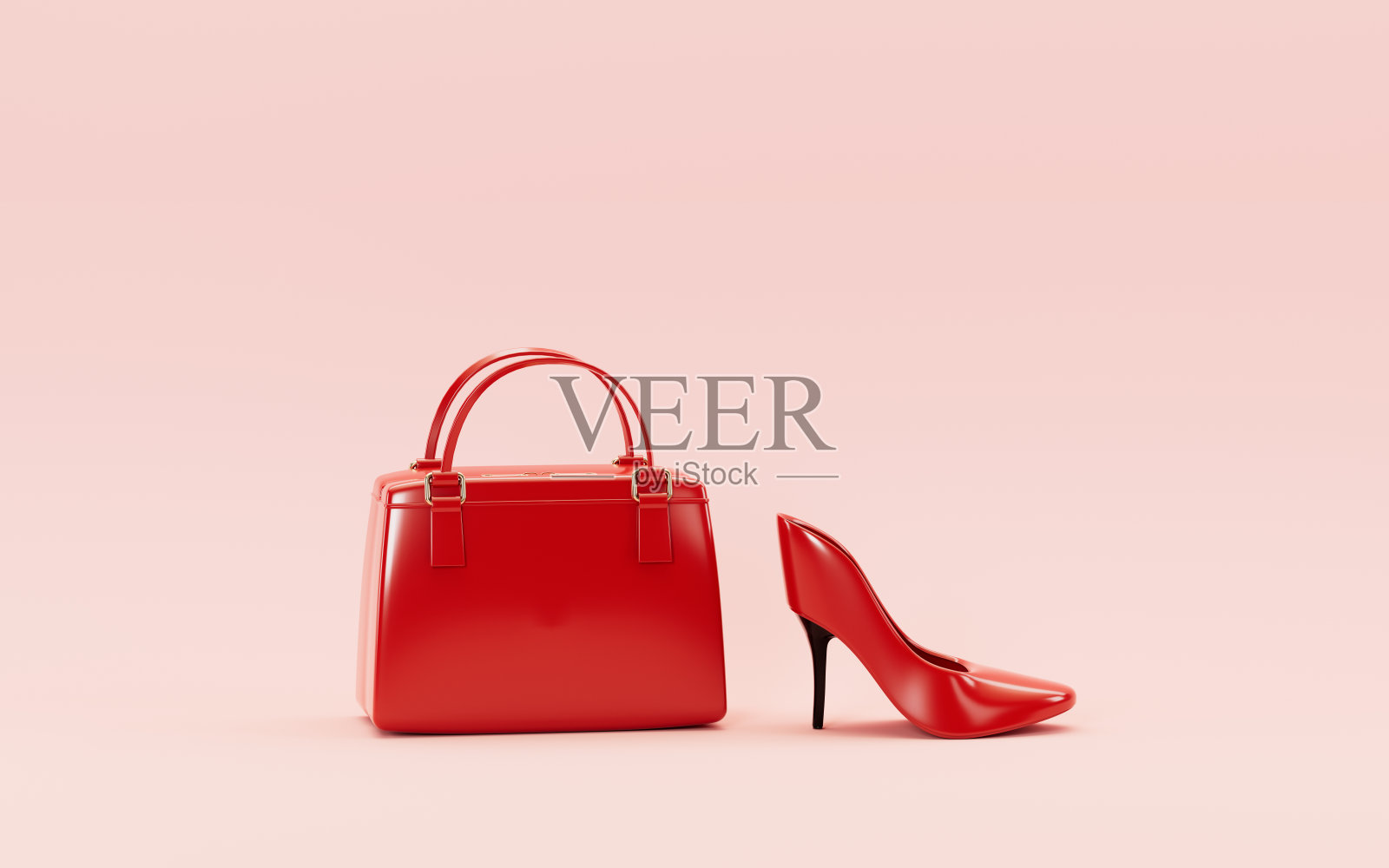 粉色背景的高跟鞋和手袋,3d渲染。照片摄影图片